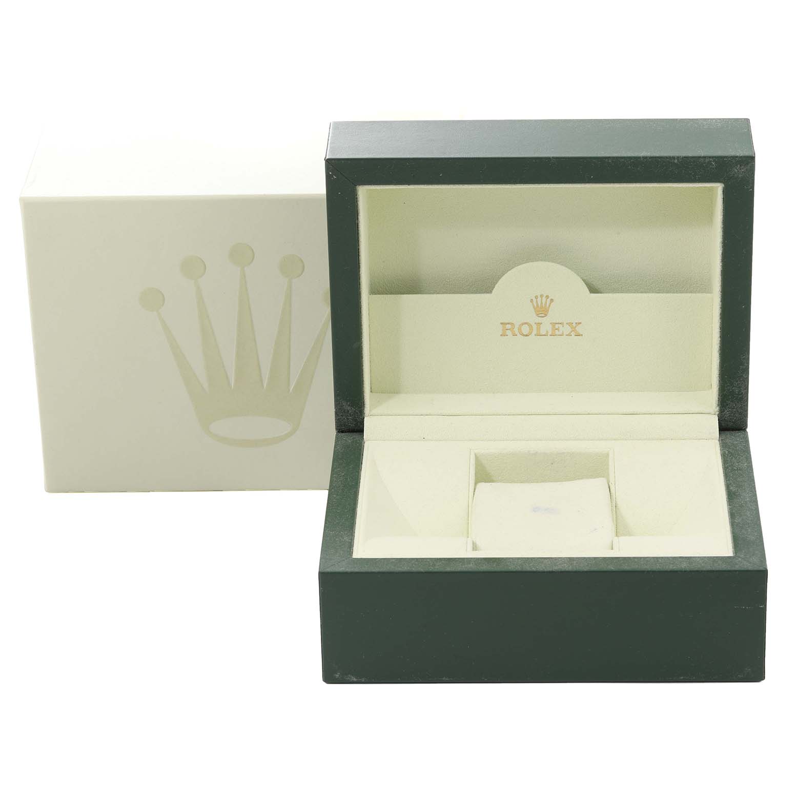 The image shows an open Rolex watch box for a Mid-Size model, revealing its green exterior and beige interior.