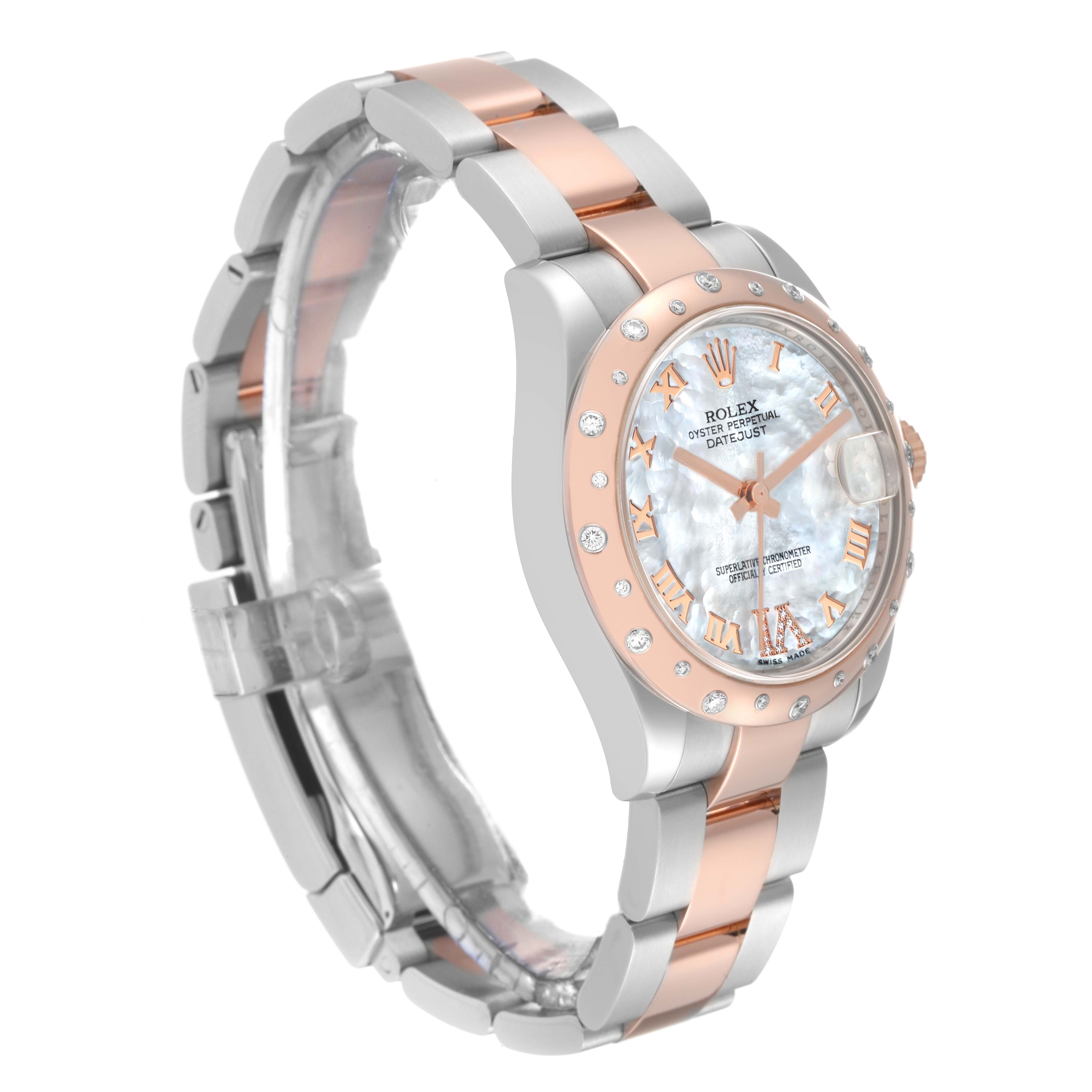 This image shows a side angle of the Mid-Size Rolex Datejust watch, highlighting its face, bezel, and mixed metal bracelet.