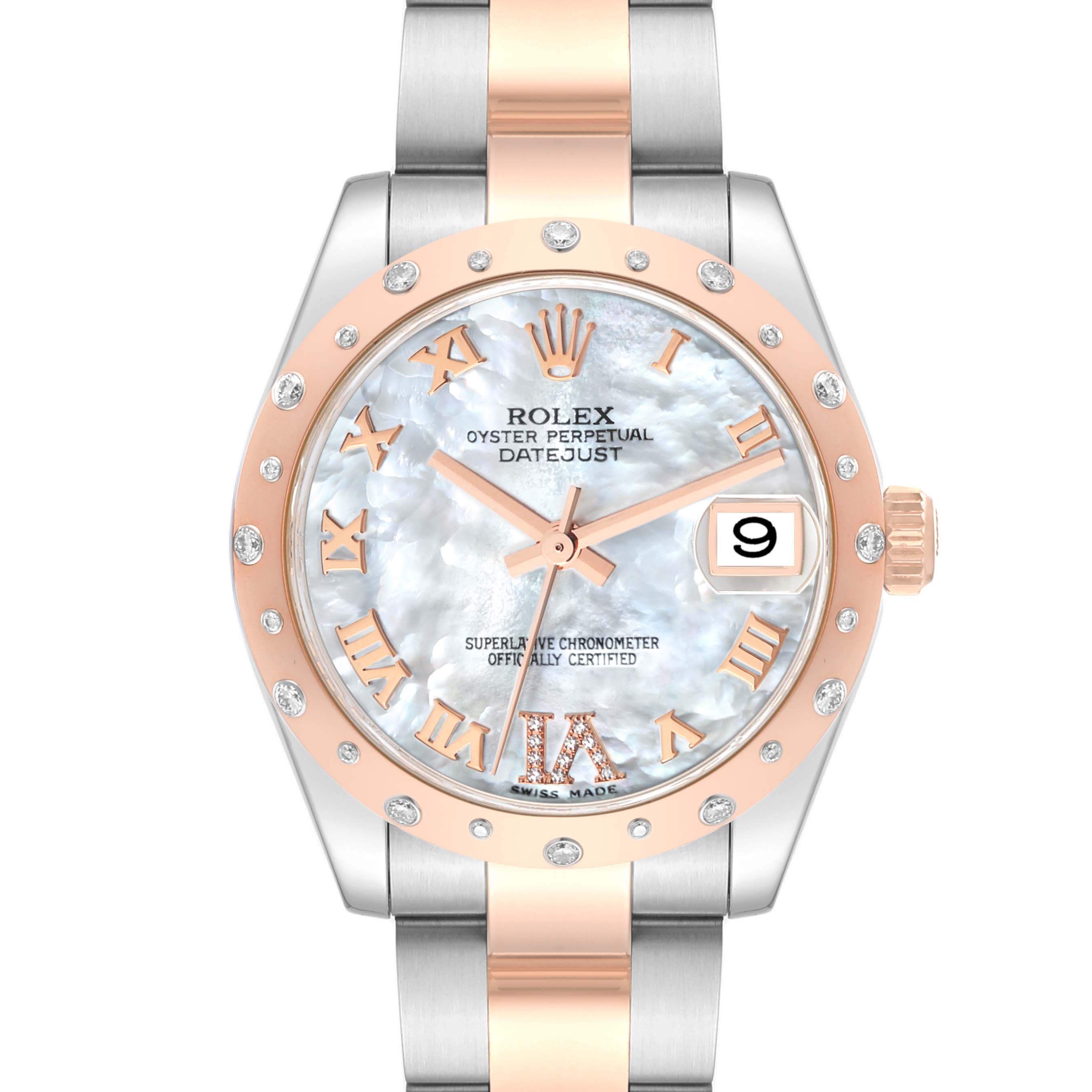 This image shows a front view of a Rolex Oyster Perpetual Datejust Mid-Size watch, highlighting the face, bezel, and bracelet.