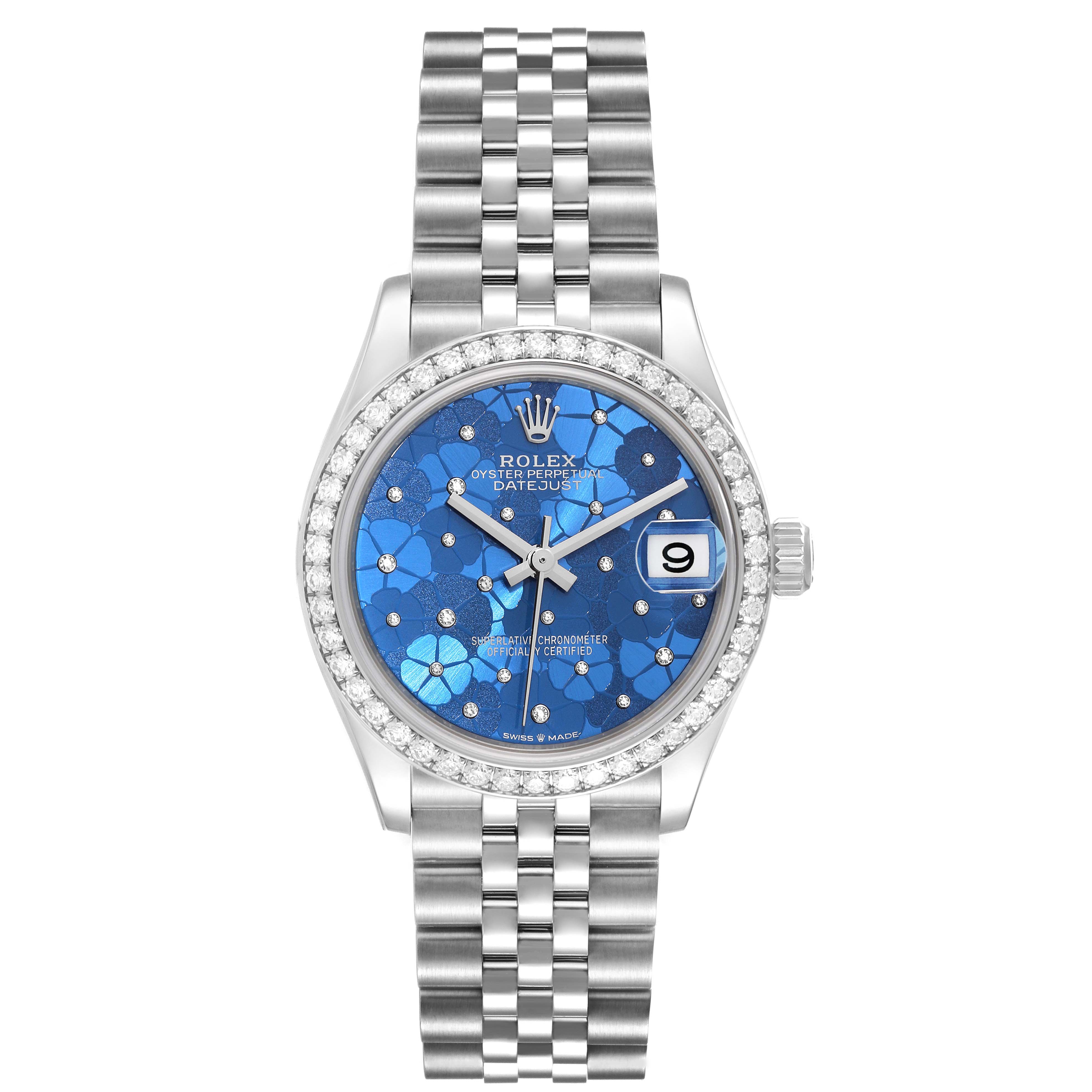 This image shows a front view of a Rolex Oyster Perpetual Datejust Mid-Size watch with a blue floral dial and a steel bracelet.