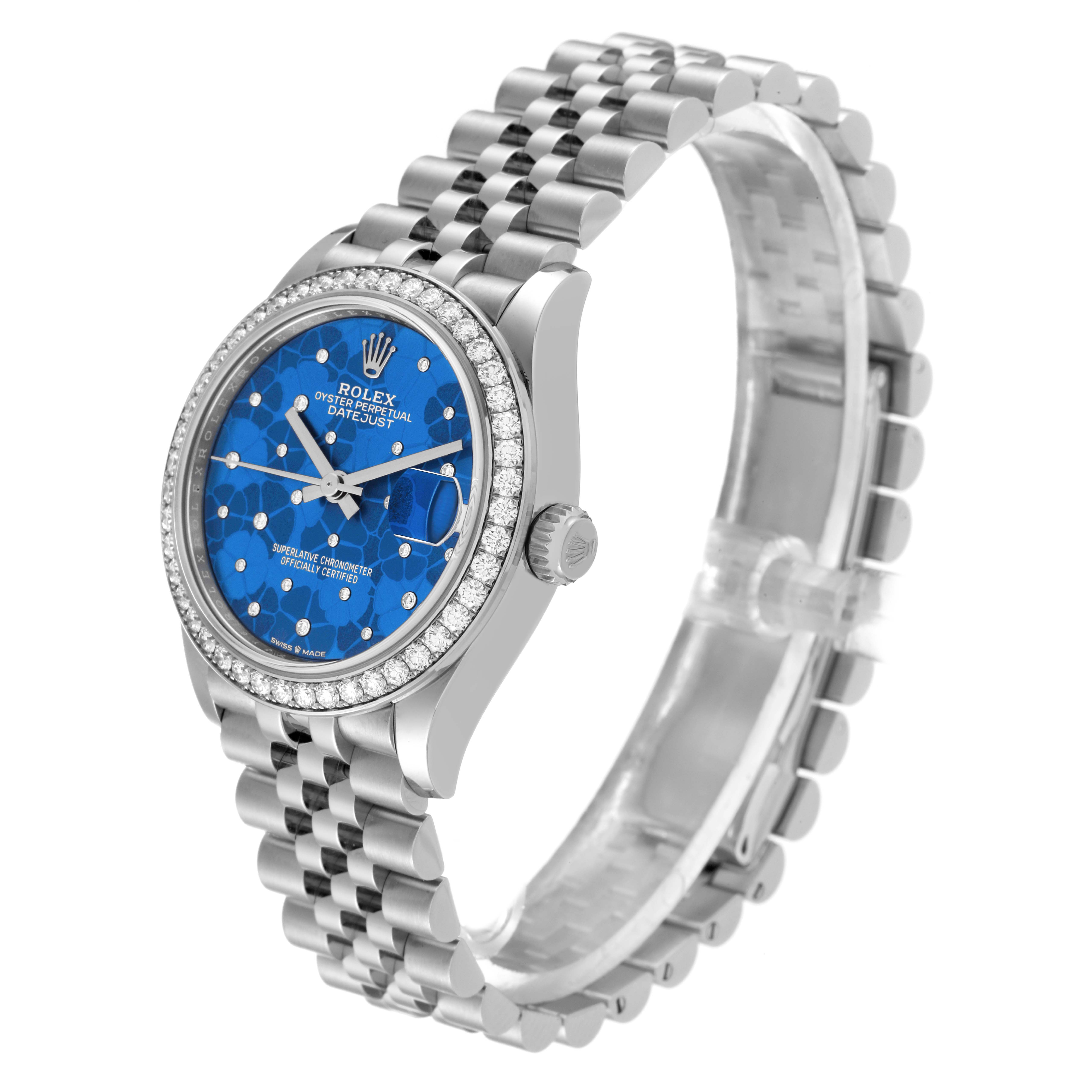 This image shows a side-angle view of a Rolex Mid-Size 278384 Women
s Stainless Steel Blue Dial 278384 Women
s Stainless Steel Blue Dial Oyster Perpetual Datejust watch with a blue dial and jubilee bracelet.