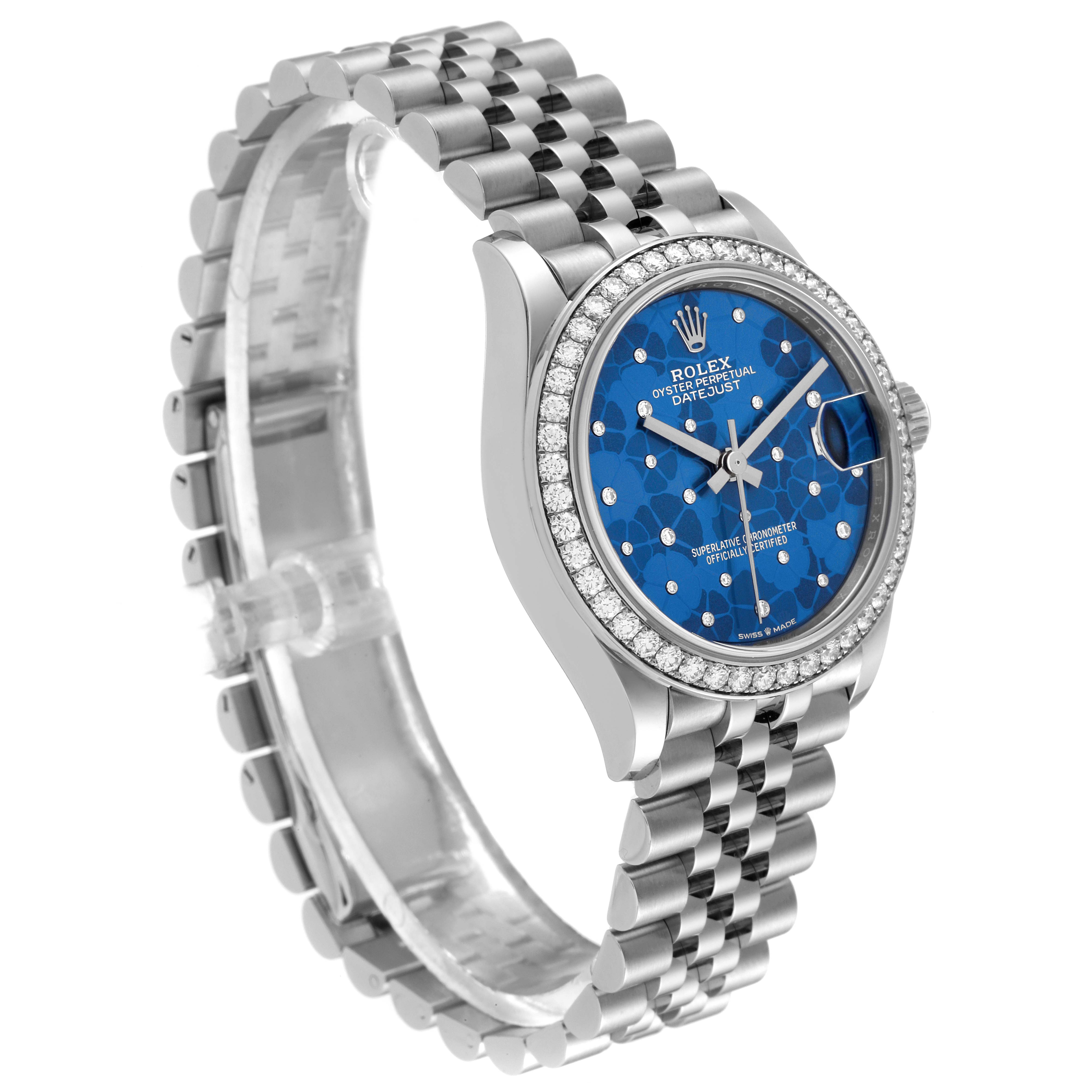 The image shows a Rolex Mid-Size 278384 Women
s Stainless Steel Blue Dial 278384 Women
s Stainless Steel Blue Dial Oyster Perpetual Datejust watch at a 3/4 angle, highlighting the dial, bracelet, and bezel.