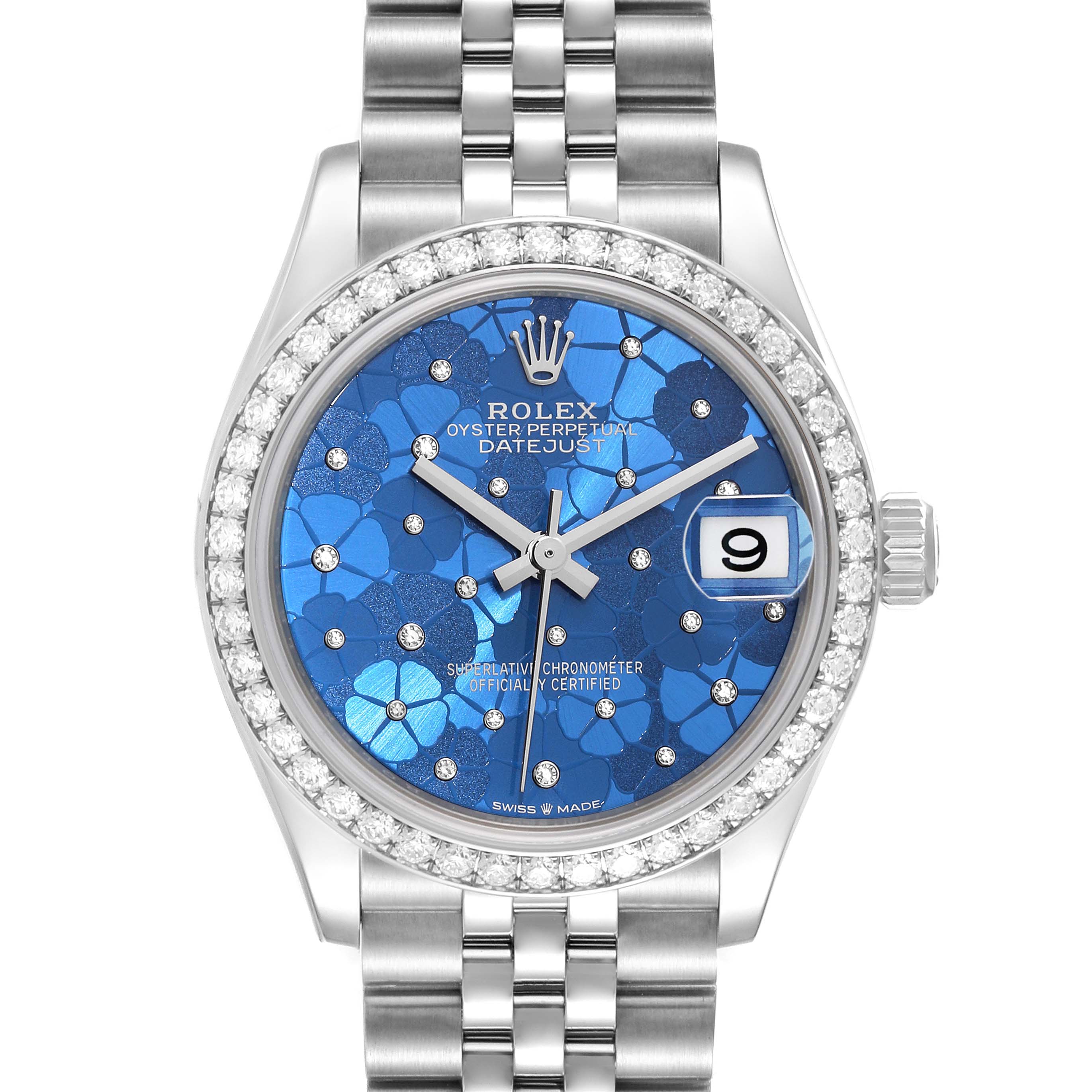 This image shows a front view of a Mid-Size Rolex Oyster Perpetual Datejust watch, highlighting its blue floral dial, diamond bezel, and steel bracelet.