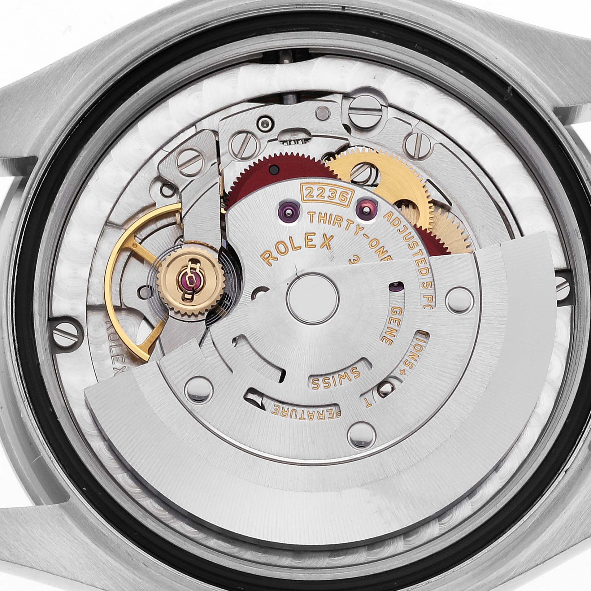 The image shows the internal mechanism of a Rolex Mid-Size 278384 Women
s Stainless Steel Blue Dial 278384 Women
s Stainless Steel Blue Dial model watch viewed from the back.