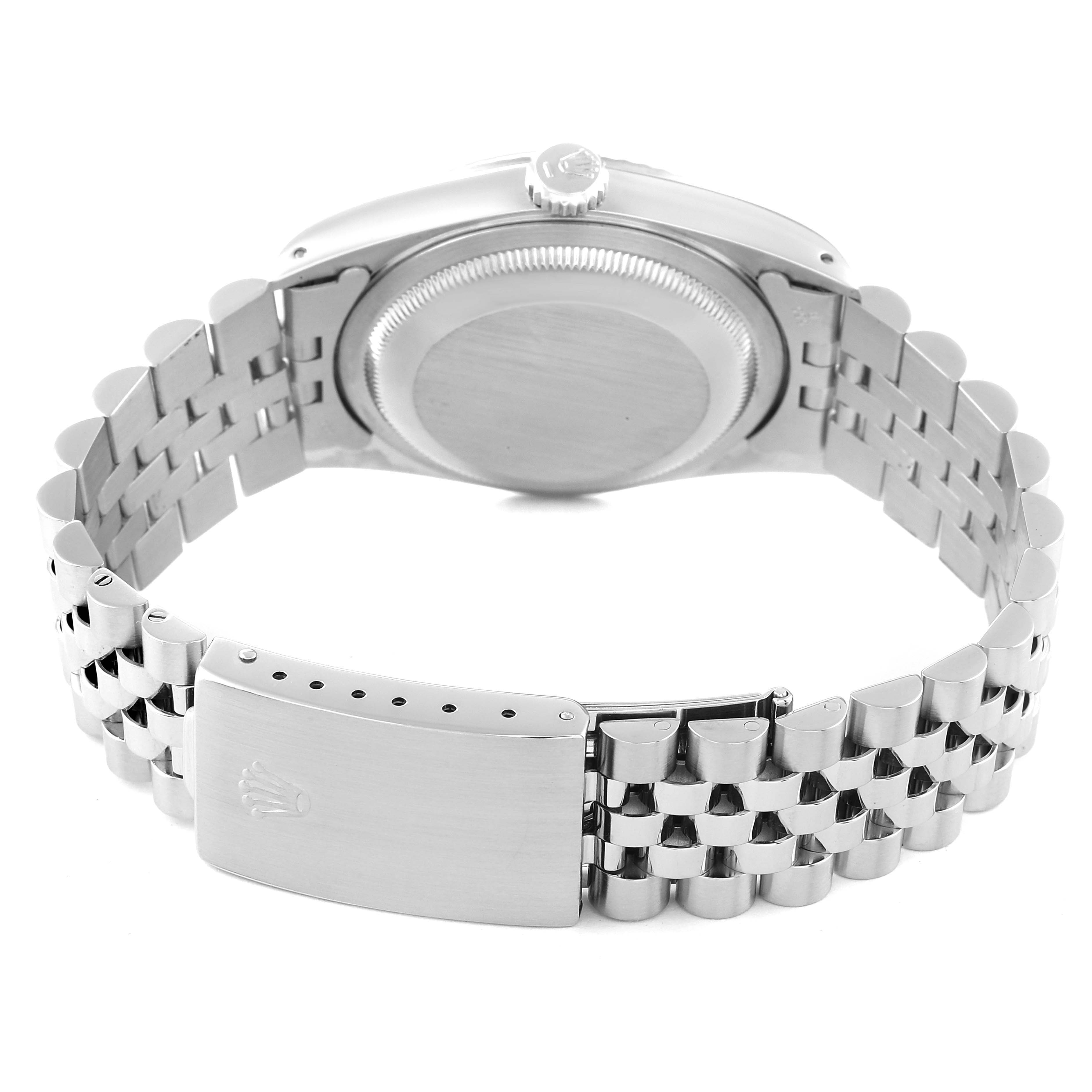 This image shows the back view of a Rolex Datejust 16234 Men's Stainless Steel Black Dial 16234 Men's Stainless Steel Black Dial watch, highlighting the clasp and bracelet.