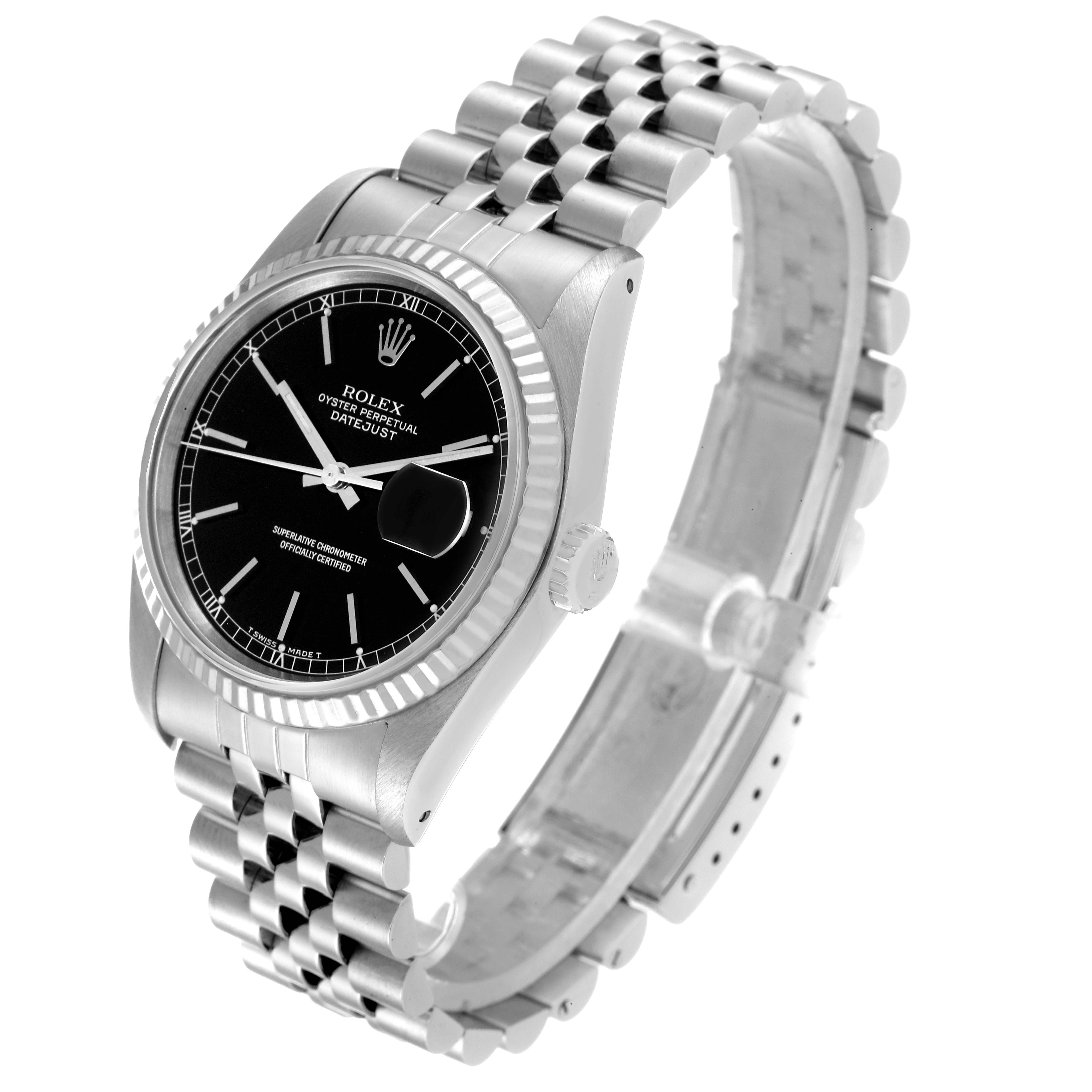This image shows a Rolex Datejust 16234 Men's Stainless Steel Black Dial 16234 Men's Stainless Steel Black Dial watch from a three-quarter angle, featuring the watch face, fluted bezel, and Jubilee bracelet.