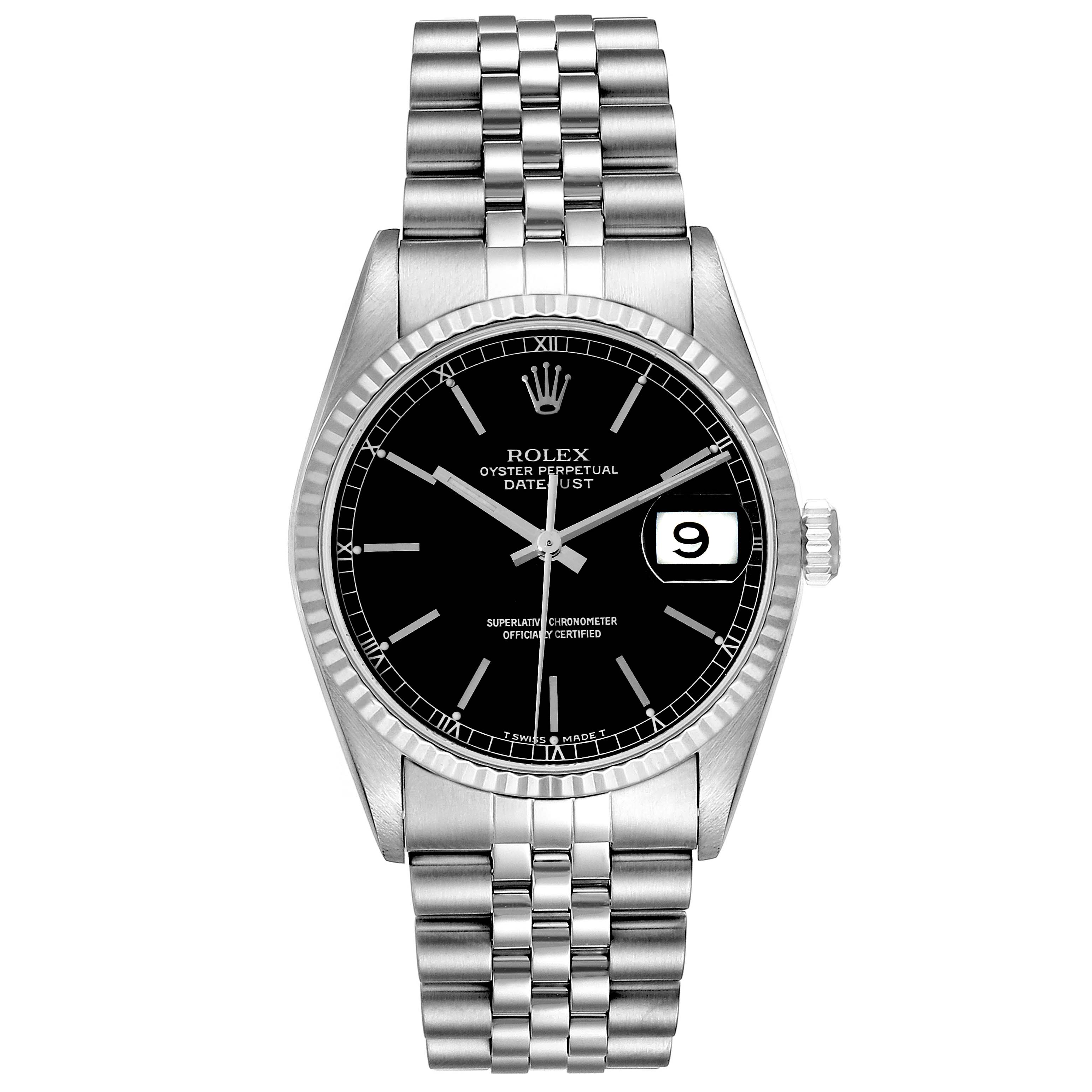The image shows a front view of the Rolex Datejust 16234 Men's Stainless Steel Black Dial 16234 Men's Stainless Steel Black Dial watch, displaying the black dial, date window, and stainless steel bracelet.