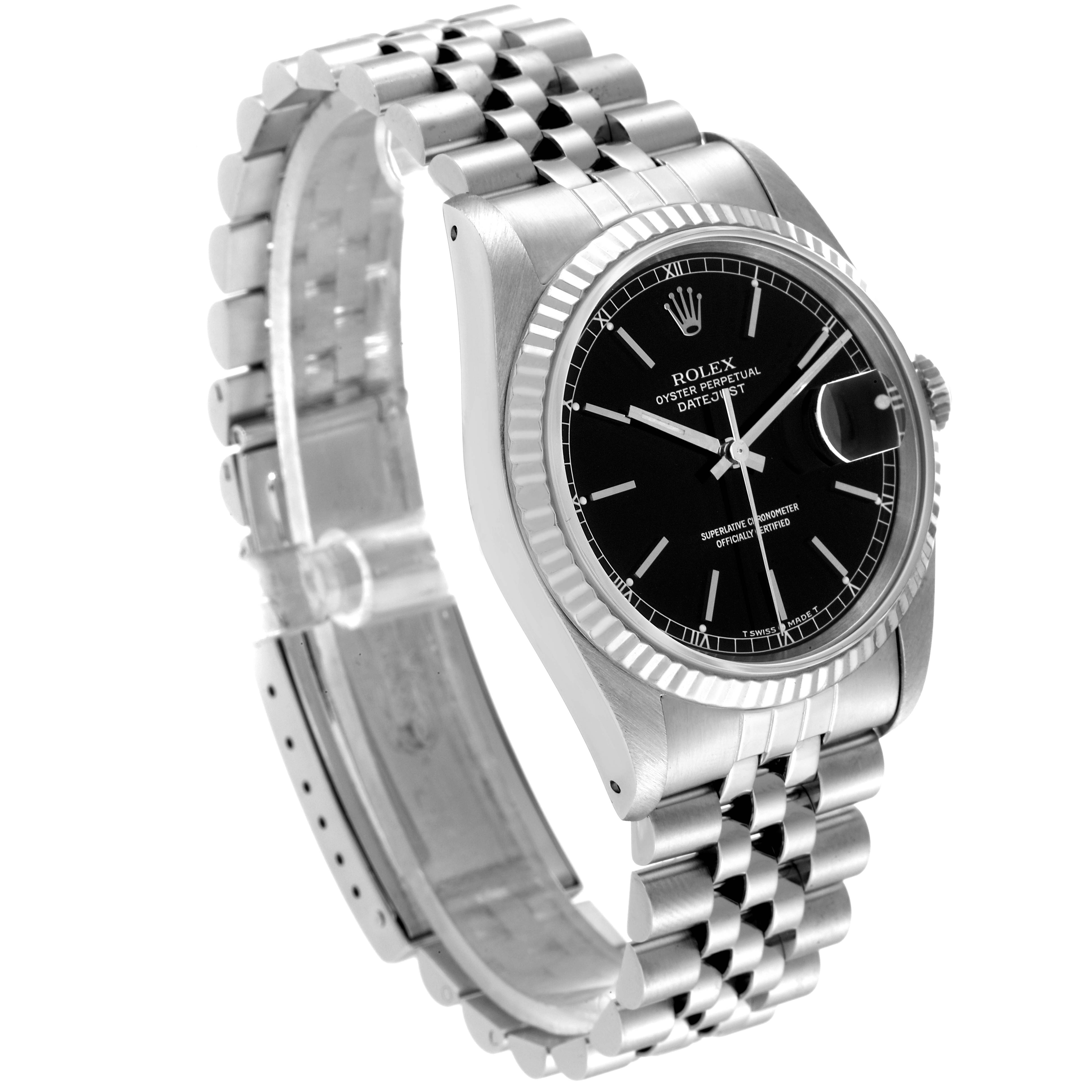 The Rolex Datejust 16234 Men's Stainless Steel Black Dial 16234 Men's Stainless Steel Black Dial watch is shown at a three-quarter angle, highlighting the face, fluted bezel, and jubilee bracelet.