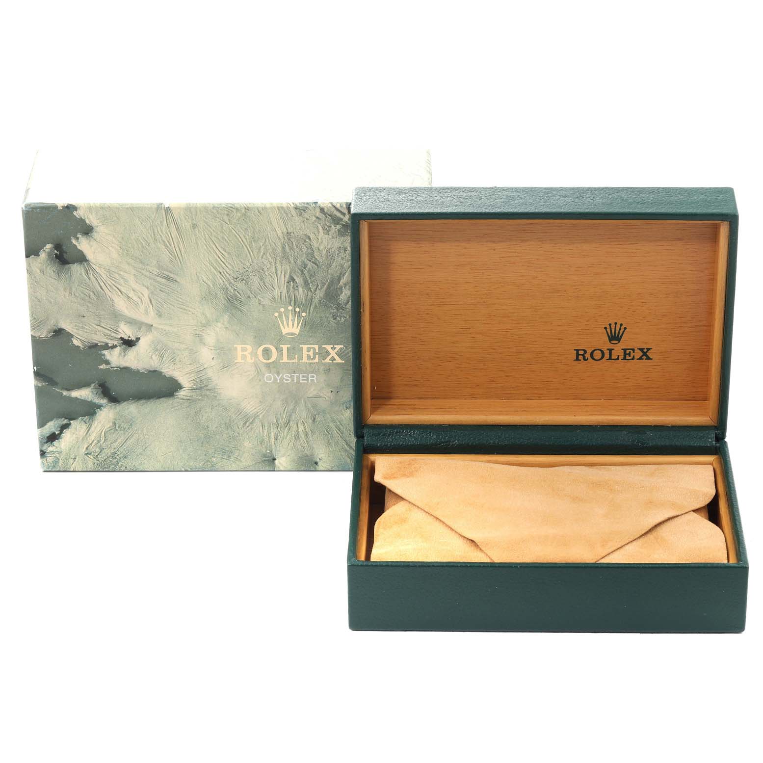 The image shows a Rolex Datejust 16234 Men's Stainless Steel Black Dial 16234 Men's Stainless Steel Black Dial watch's box and sleeve at a frontal angle, with the lid open, revealing the inner cushion.