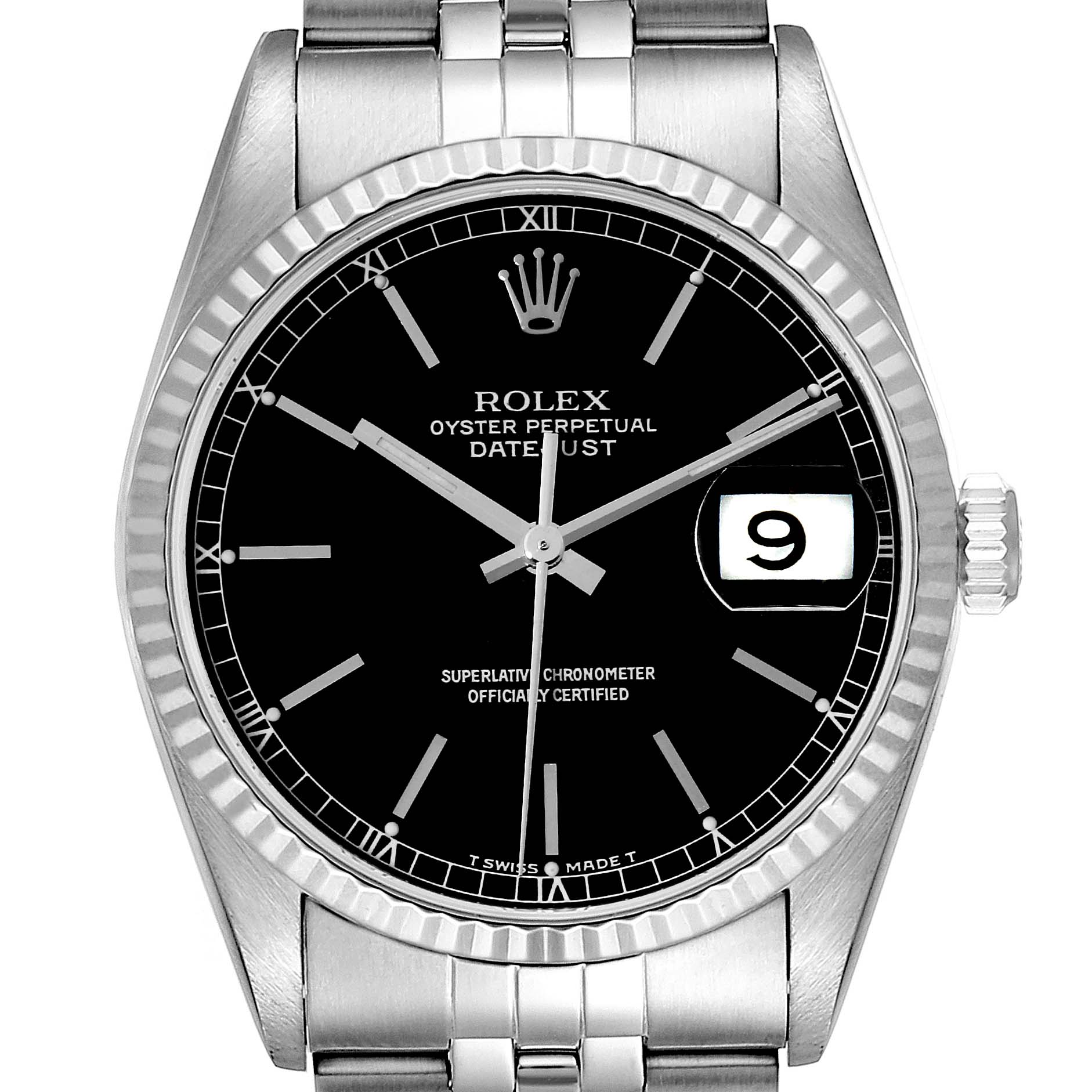 The image shows a front view of the Rolex Datejust 16234 Men's Stainless Steel Black Dial 16234 Men's Stainless Steel Black Dial watch, highlighting its black dial, date window, and stainless steel bracelet.