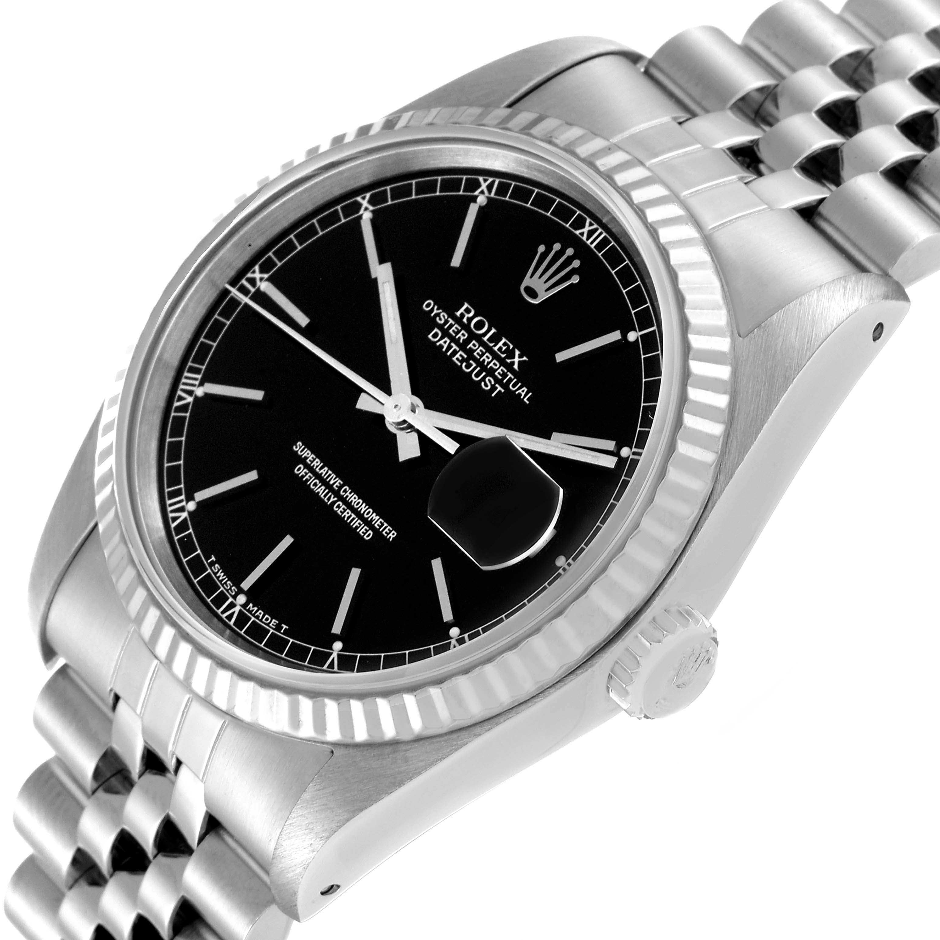 The image shows a Rolex Datejust 16234 Men's Stainless Steel Black Dial 16234 Men's Stainless Steel Black Dial watch at an angled close-up, highlighting the black dial, bezel, crown, and bracelet.