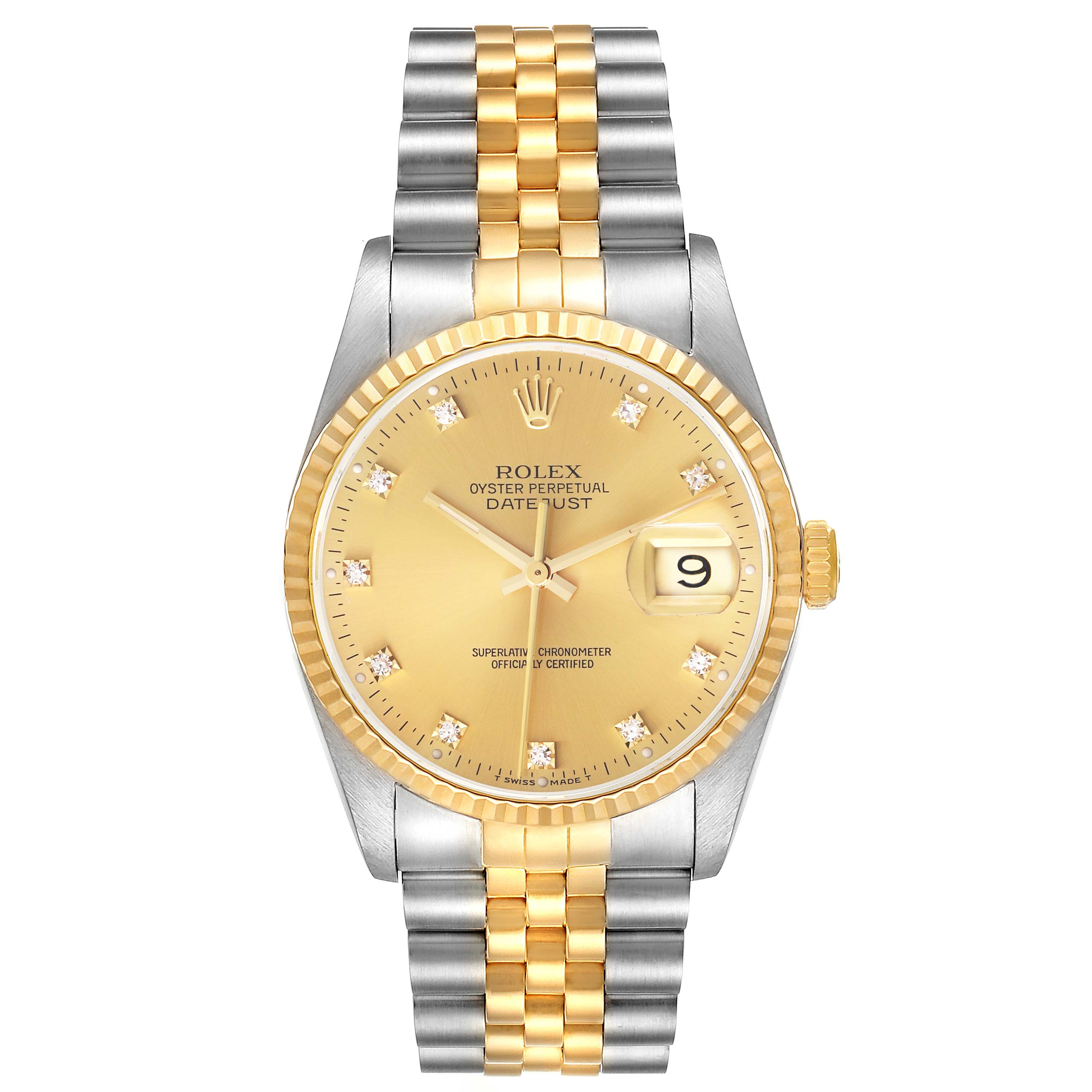 The Rolex Datejust 16233 Men's Steel and Gold (two tone) Champagne Dial 16233 Men's Steel and Gold (two tone) Champagne Dial watch is shown from a top-down angle, displaying its dial, bezel, case, and two-tone bracelet.