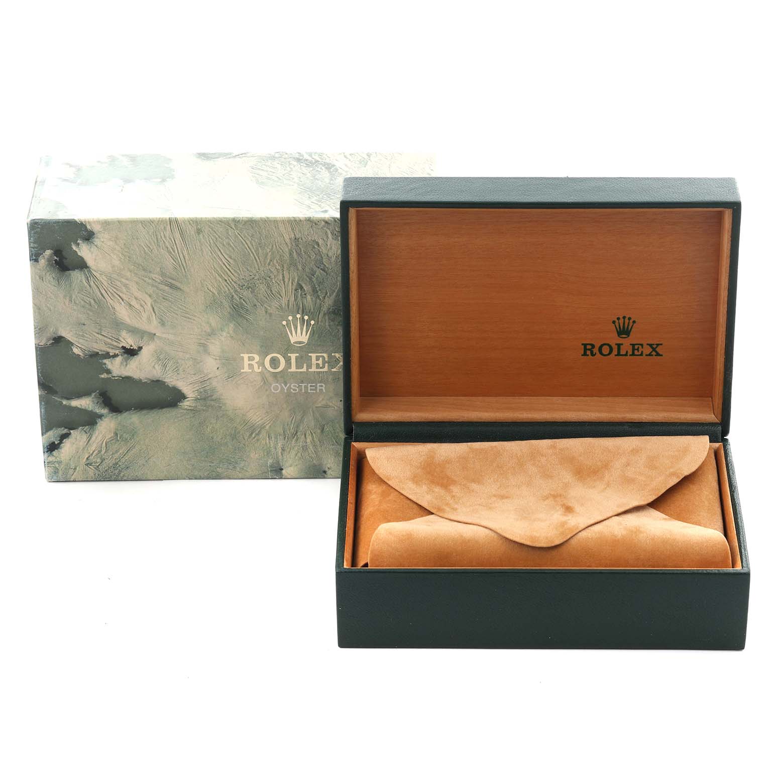 The image shows a Rolex Datejust 16233 Men's Steel and Gold (two tone) Champagne Dial 16233 Men's Steel and Gold (two tone) Champagne Dial watch box and sleeve at a front angle, featuring the logo and branding.