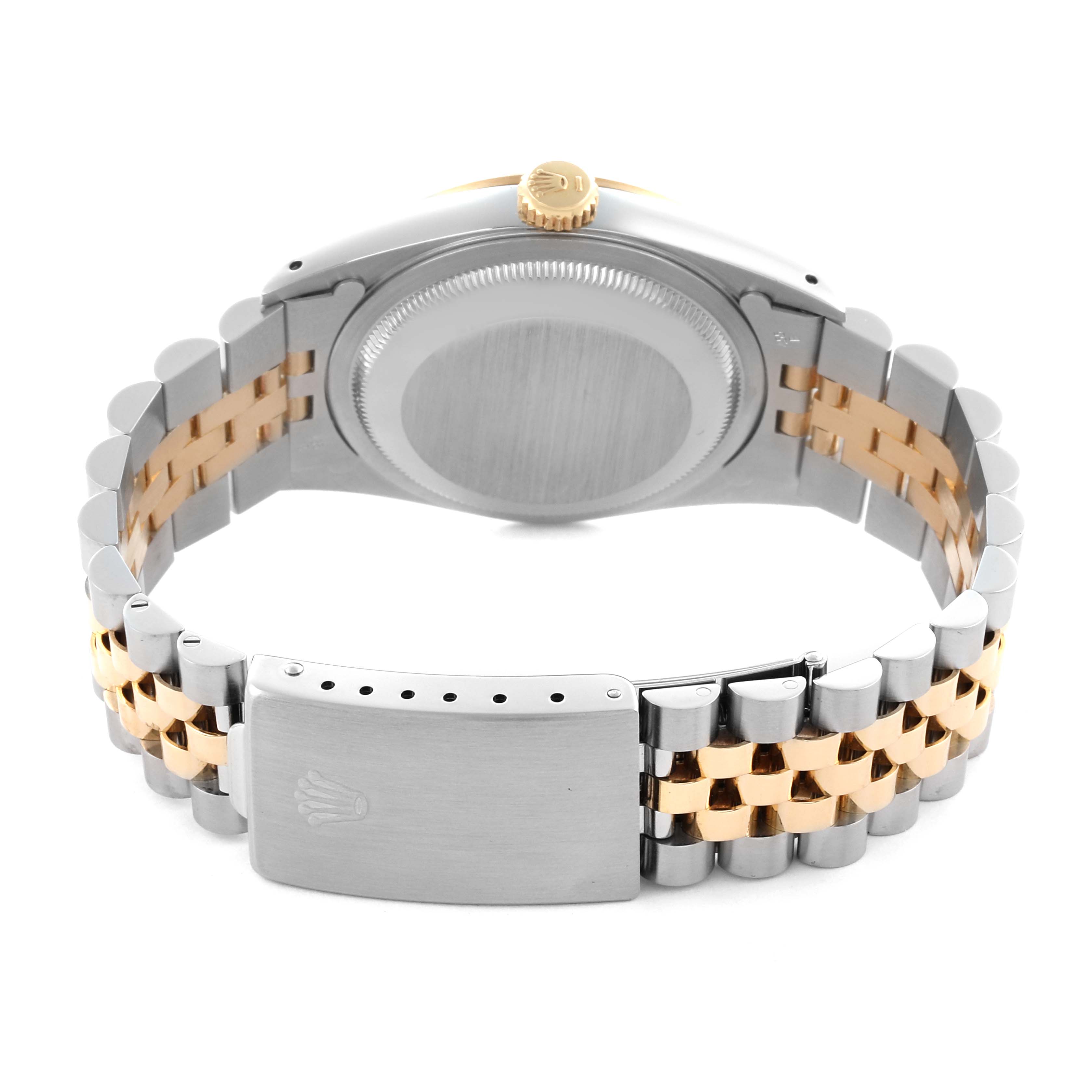 The Rolex Datejust 16233 Men's Steel and Gold (two tone) Champagne Dial 16233 Men's Steel and Gold (two tone) Champagne Dial watch is shown from the back, displaying the clasp, case back, and two-tone bracelet.