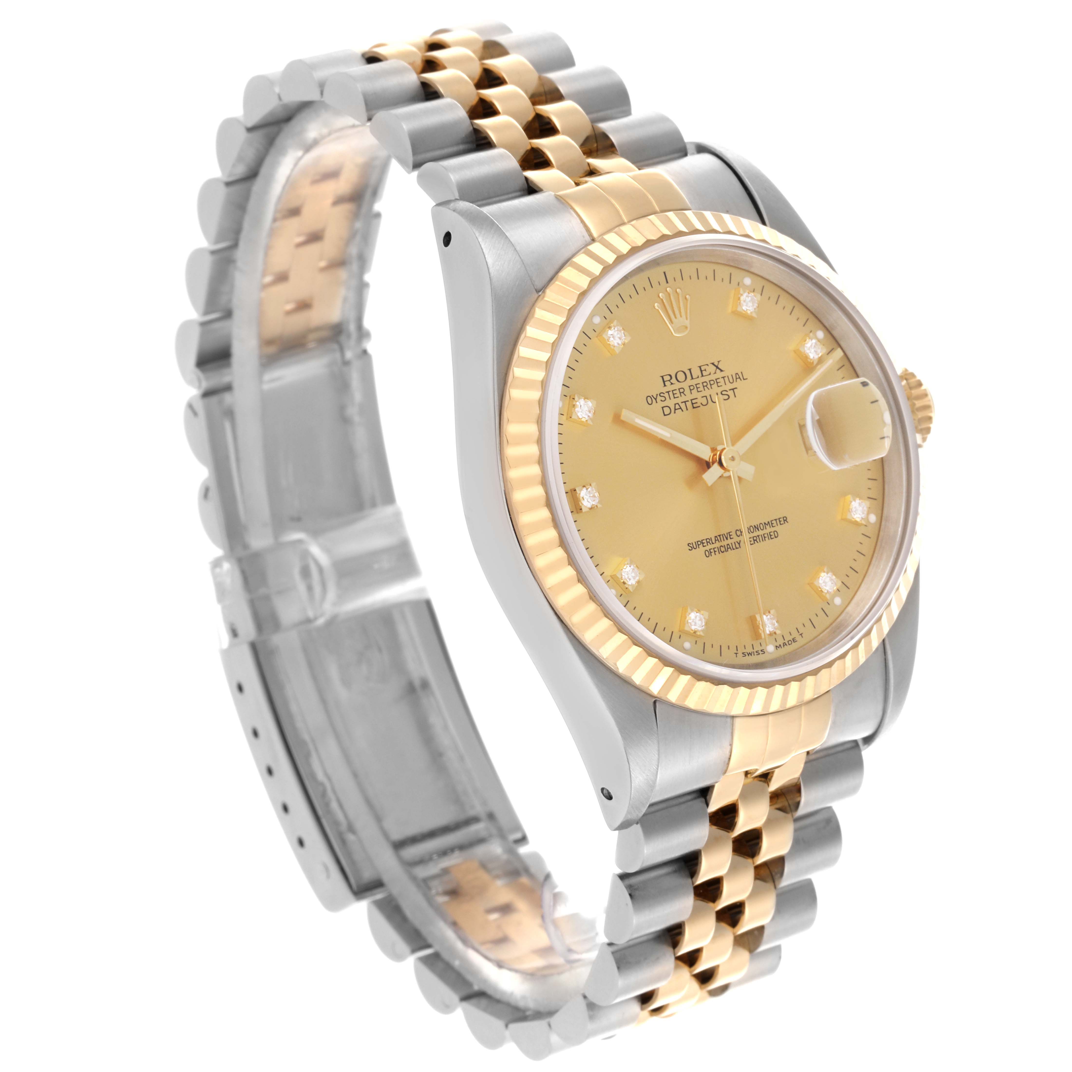 The Rolex Datejust 16233 Men's Steel and Gold (two tone) Champagne Dial 16233 Men's Steel and Gold (two tone) Champagne Dial watch is shown at a three-quarter angle, highlighting its two-tone bracelet and gold dial with a fluted bezel.