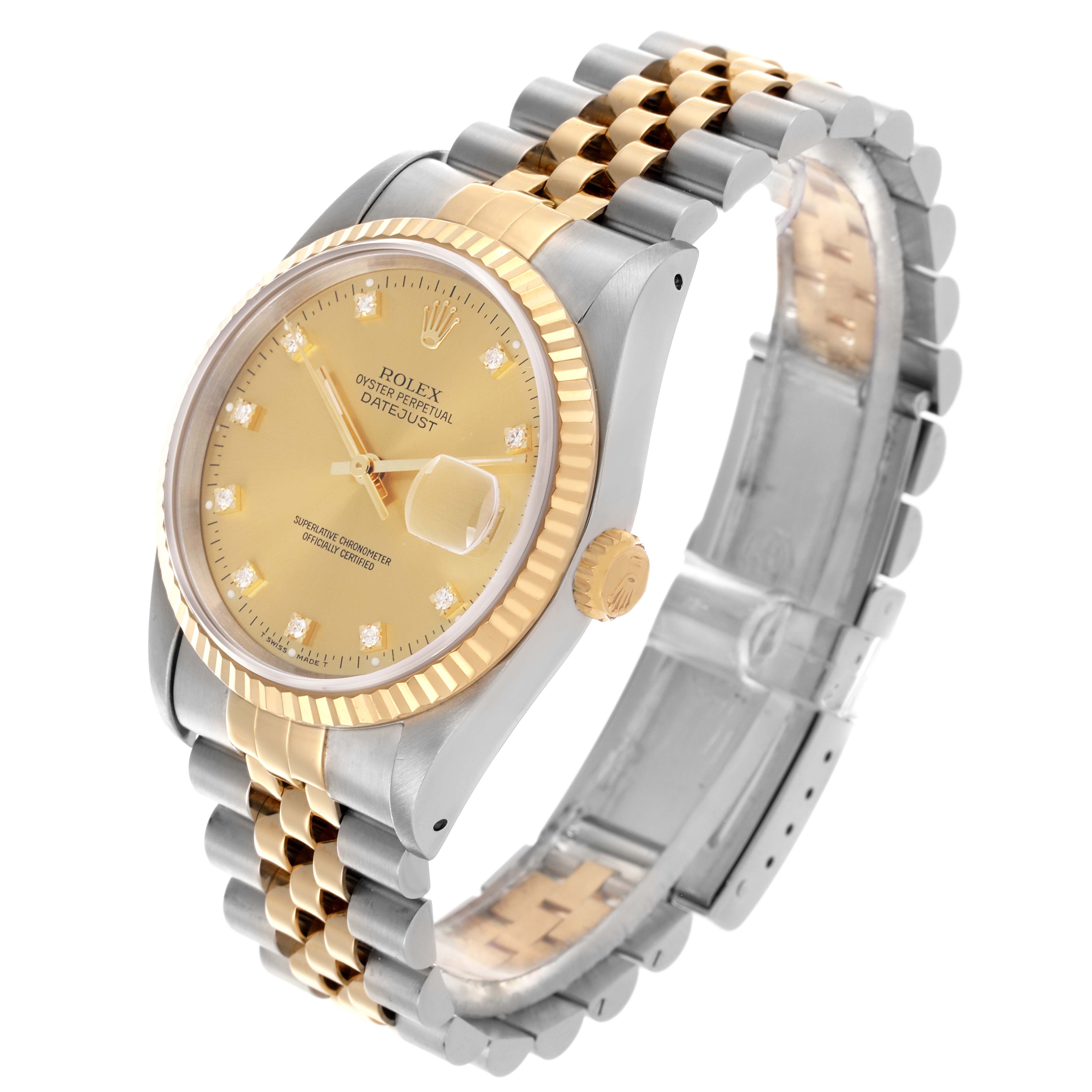 The Rolex Datejust 16233 Men's Steel and Gold (two tone) Champagne Dial 16233 Men's Steel and Gold (two tone) Champagne Dial watch shown is at a three-quarter angle, displaying the dial, bezel, case, and bracelet.