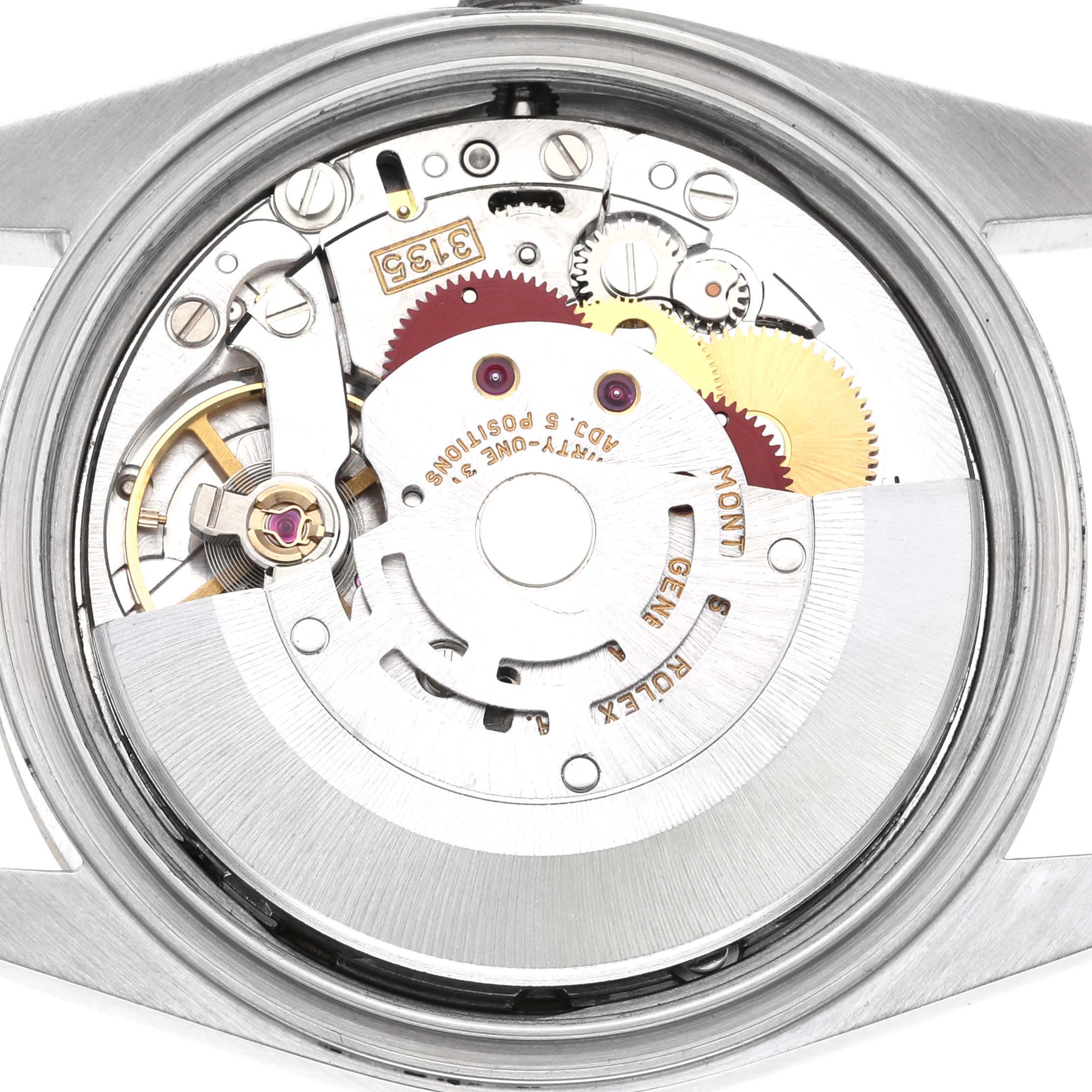 The image shows the internal movement mechanism of a Rolex Datejust 16233 Men's Steel and Gold (two tone) Champagne Dial 16233 Men's Steel and Gold (two tone) Champagne Dial watch from a top-down angle.