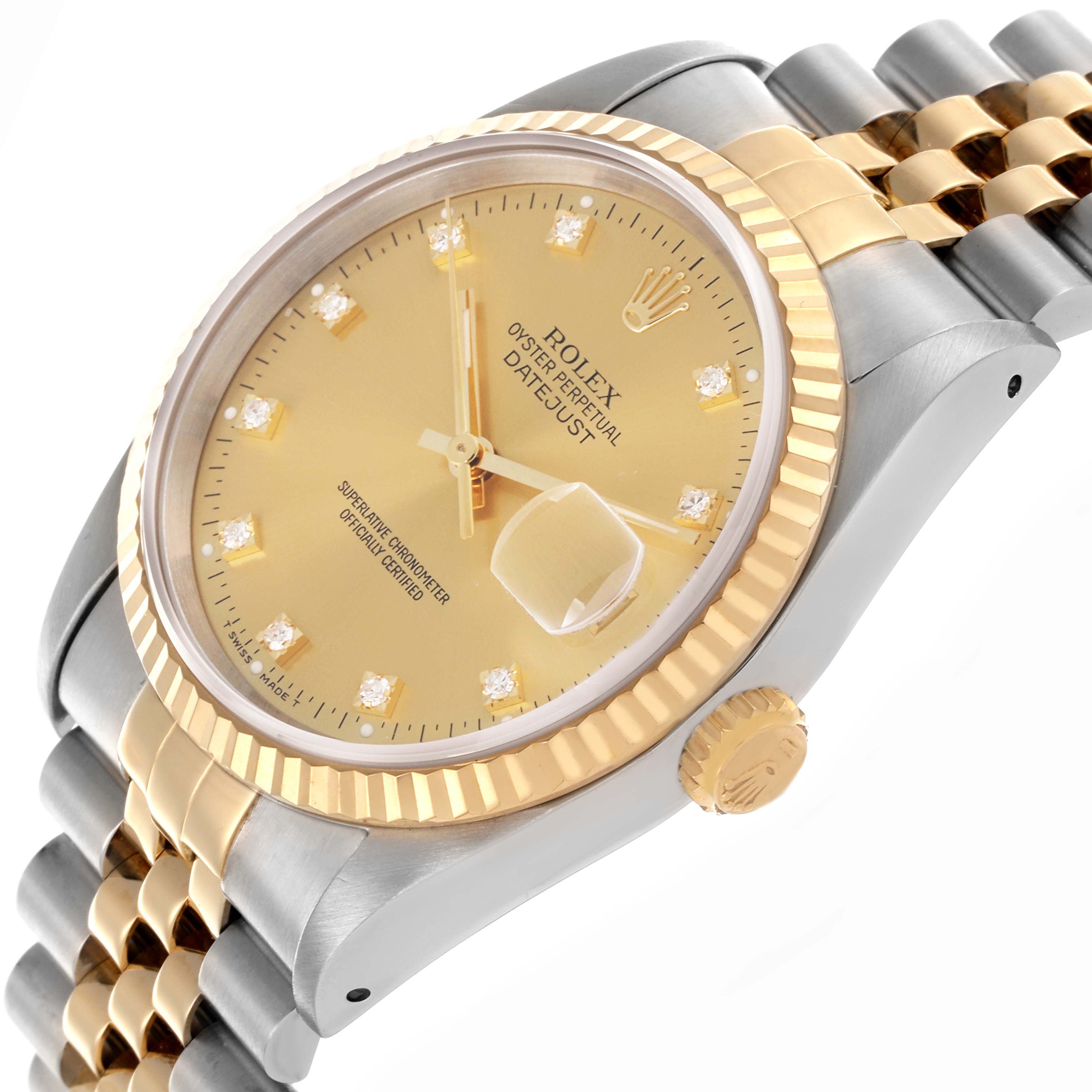 The Rolex Datejust 16233 Men's Steel and Gold (two tone) Champagne Dial 16233 Men's Steel and Gold (two tone) Champagne Dial watch is shown at an angled view, highlighting the face, bezel, crown, and part of the bracelet.