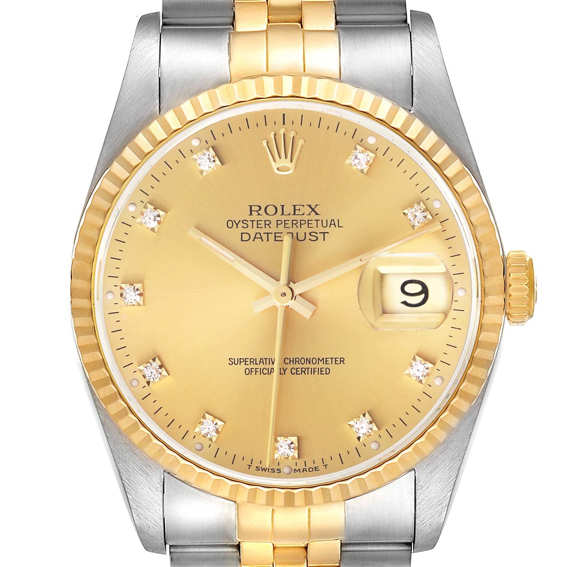The Rolex Datejust 16233 Men's Steel and Gold (two tone) Champagne Dial 16233 Men's Steel and Gold (two tone) Champagne Dial watch is shown from a front angle, highlighting its gold and silver bracelet, fluted bezel, and champagne dial.