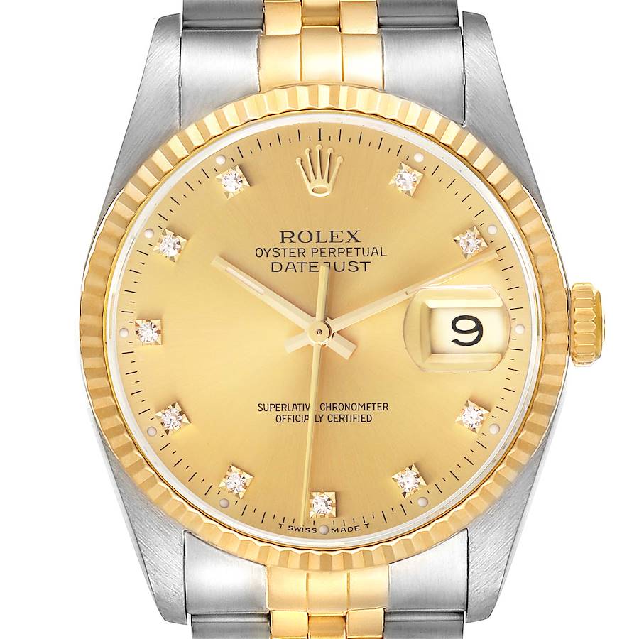 The Rolex Datejust watch is shown from a front angle, highlighting its gold and silver bracelet, fluted bezel, and champagne dial.