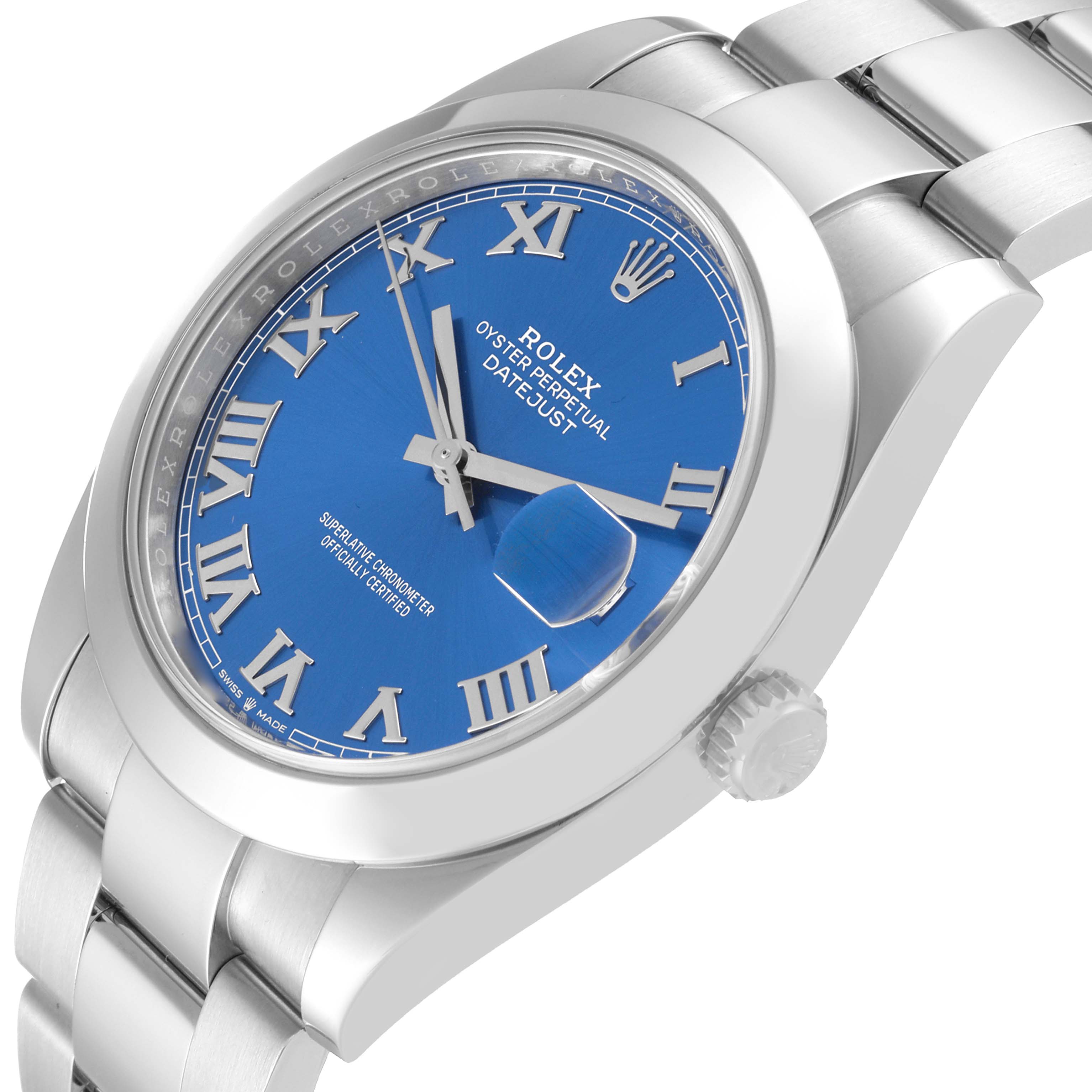 The Rolex Datejust 41 126300 Men
s Stainless Steel Blue Dial 126300 Men
s Stainless Steel Blue Dial watch is shown from an angled side view, highlighting its blue dial, Roman numerals, and part of its bracelet.