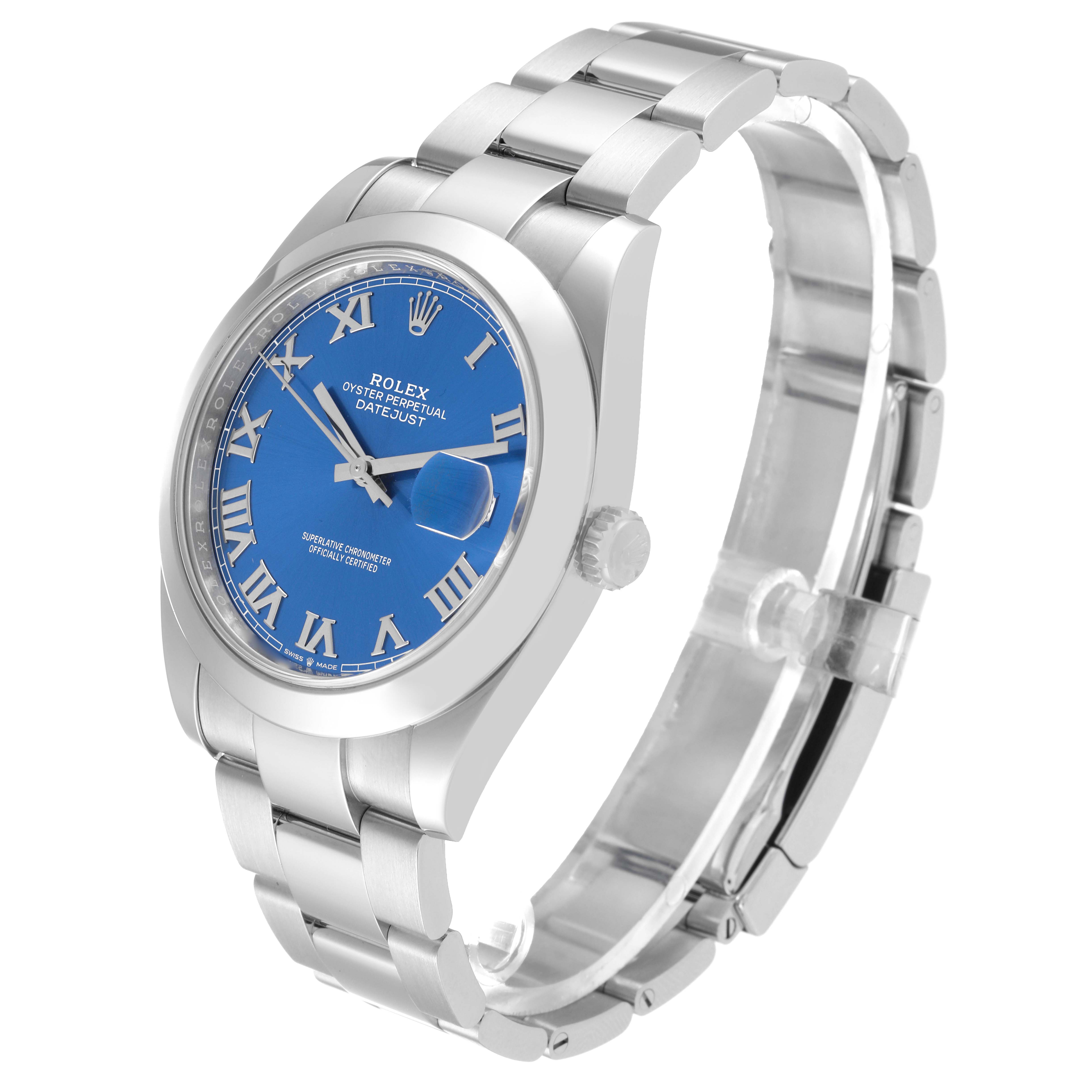 This Rolex Datejust 41 126300 Men
s Stainless Steel Blue Dial 126300 Men
s Stainless Steel Blue Dial model is shown from a slight side angle, highlighting the blue dial, Roman numerals, and Oyster bracelet.