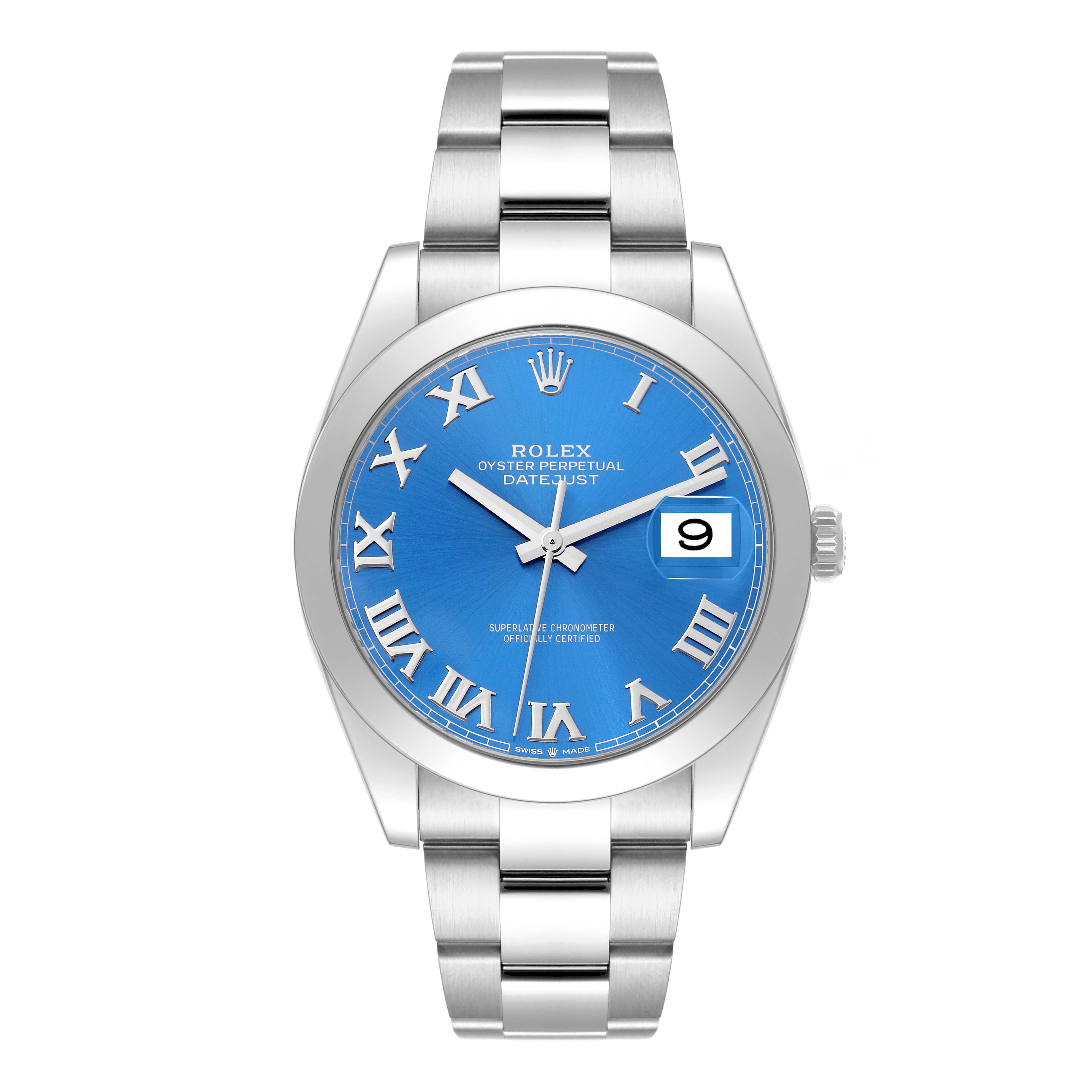 The image shows a front view of the Rolex Datejust 41 126300 Men
s Stainless Steel Blue Dial 126300 Men
s Stainless Steel Blue Dial watch, highlighting its blue dial, Roman numeral markers, and metal bracelet.
