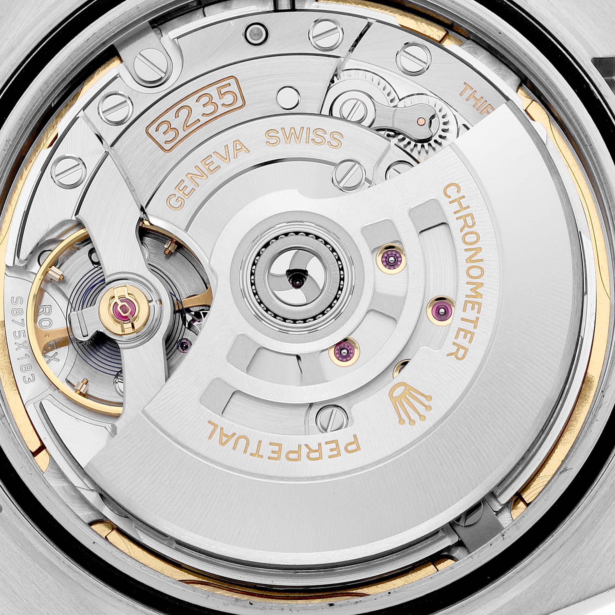 This image shows a close-up of the movement assembly of a Rolex Datejust 41 126300 Men
s Stainless Steel Blue Dial 126300 Men
s Stainless Steel Blue Dial watch, model number 3235.