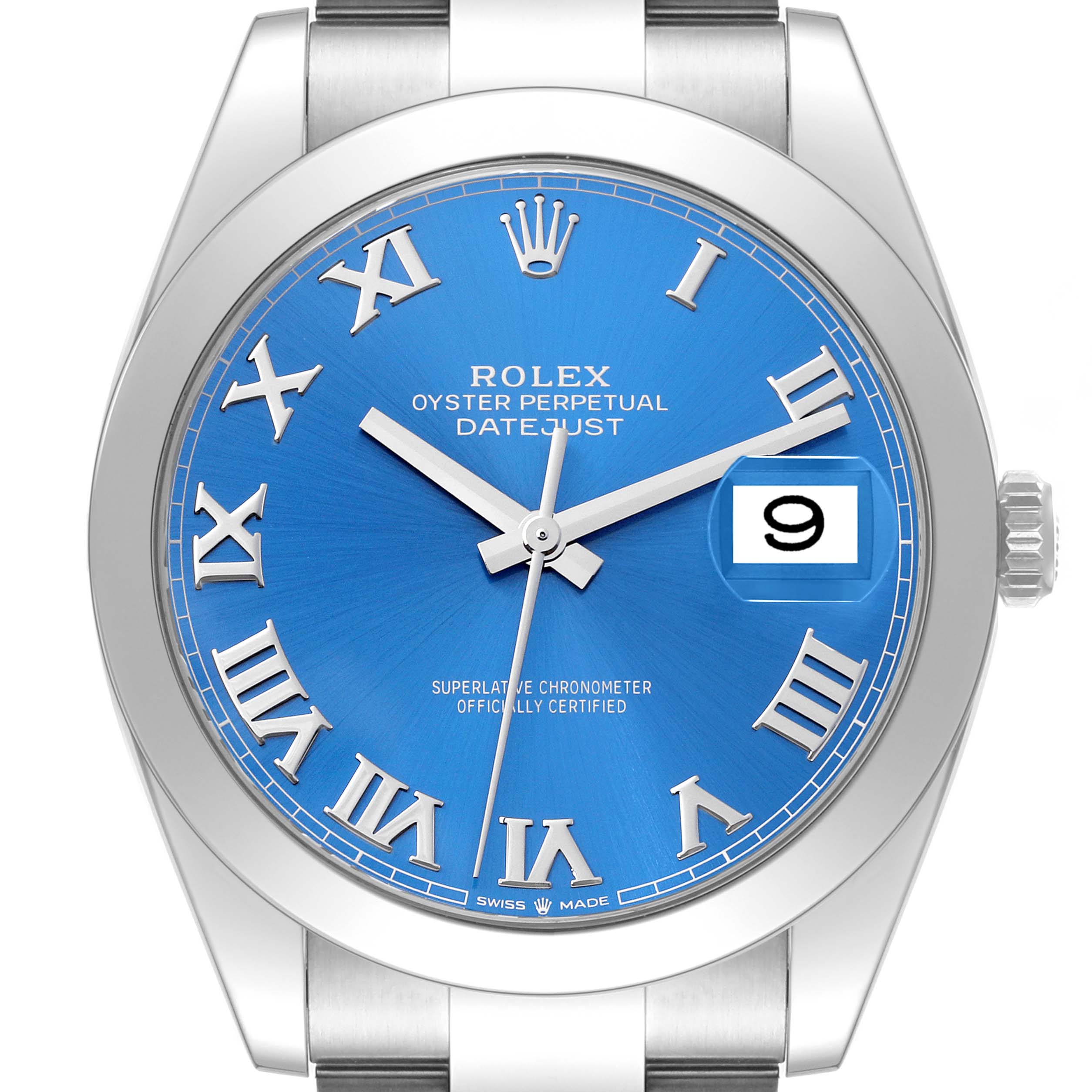 The Rolex Datejust 41 126300 Men
s Stainless Steel Blue Dial 126300 Men
s Stainless Steel Blue Dial watch is shown from a front angle, displaying its blue dial, Roman numeral markers, and date window at 3 o
clock.
