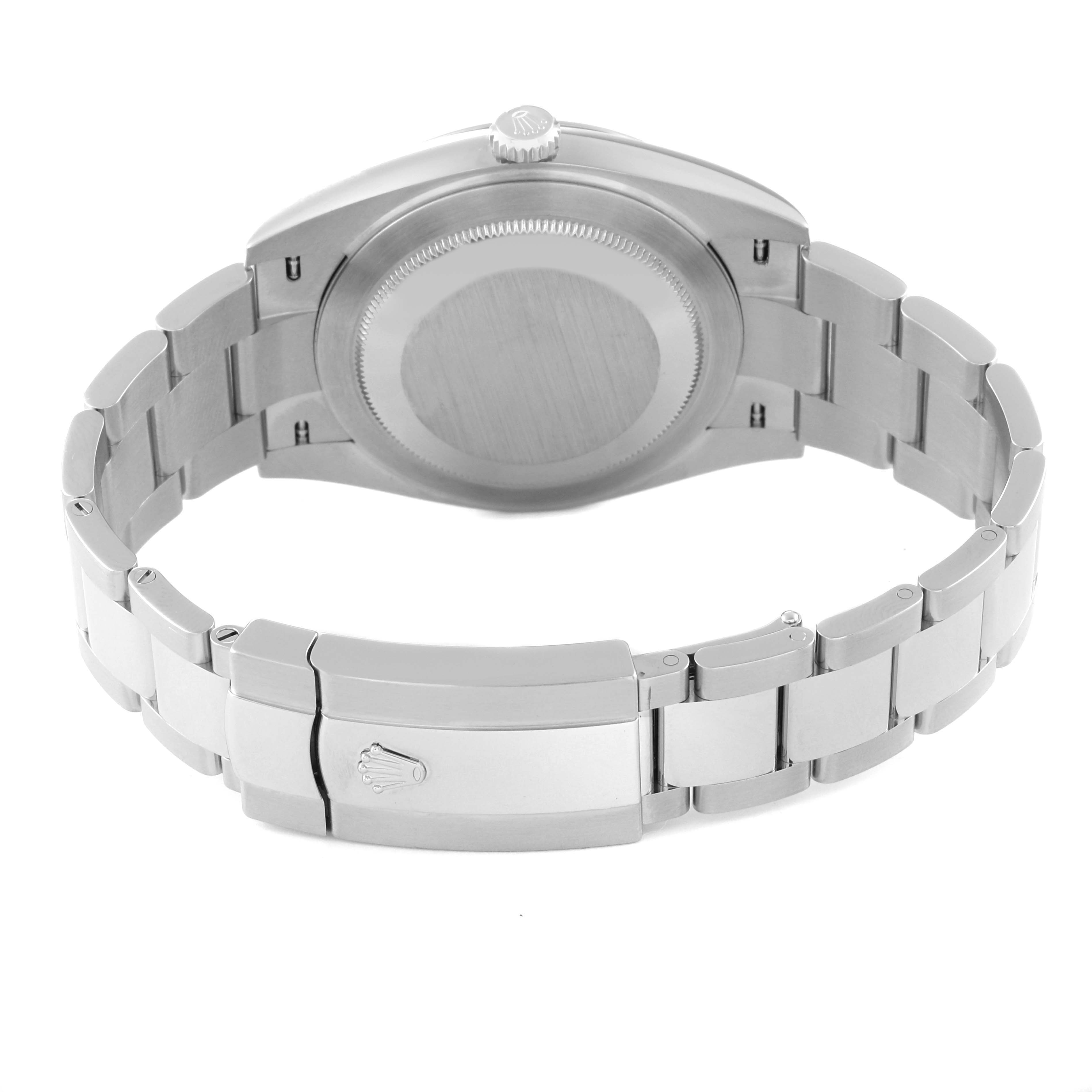 The image shows the back view of a Rolex Datejust 41 126300 Men
s Stainless Steel Blue Dial 126300 Men
s Stainless Steel Blue Dial watch, highlighting the case back, bracelet, and clasp.