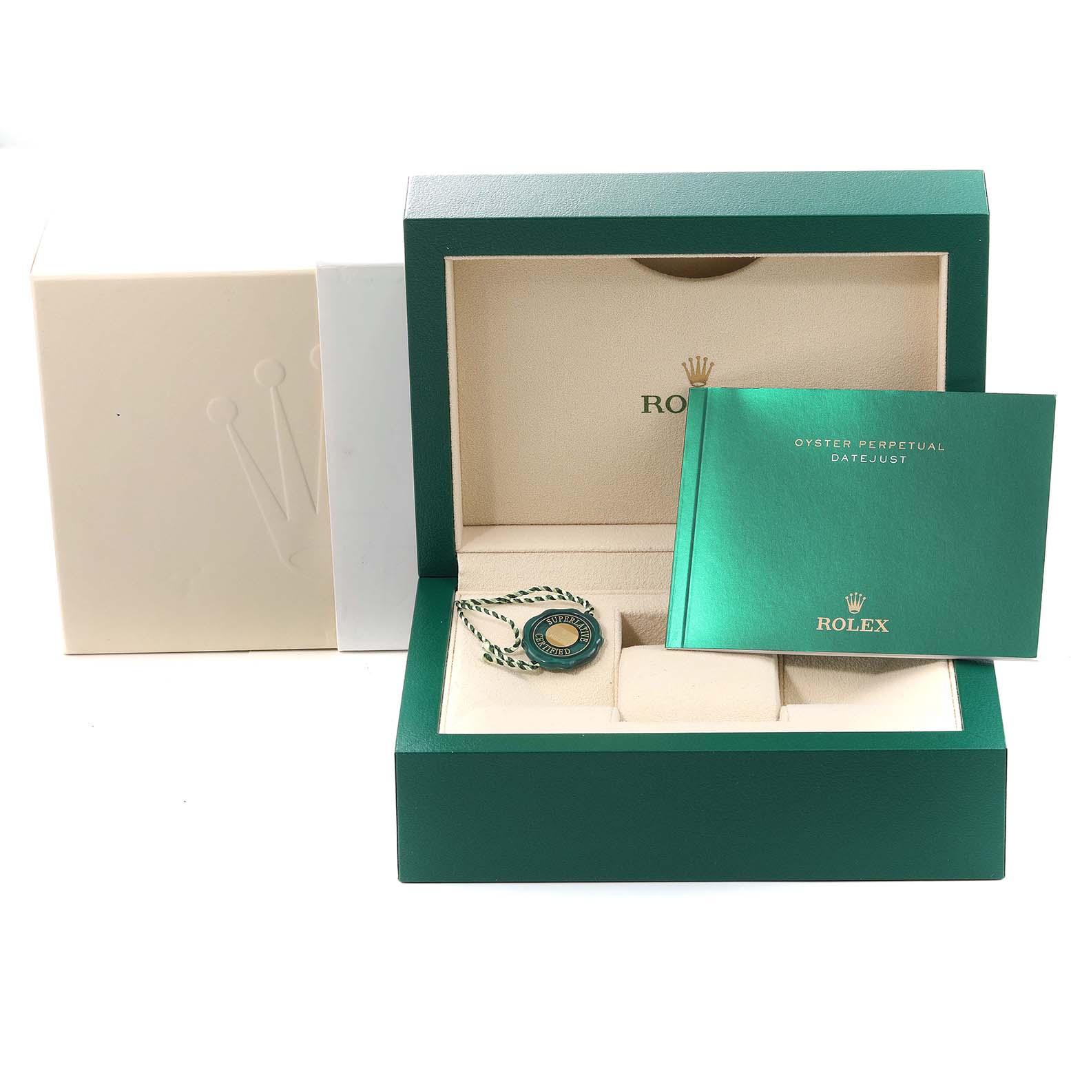 The image shows the packaging, booklet, and tag for the Rolex Datejust 41 126334 Men
s Stainless Steel Black Dial 126334 Men
s Stainless Steel Black Dial model.