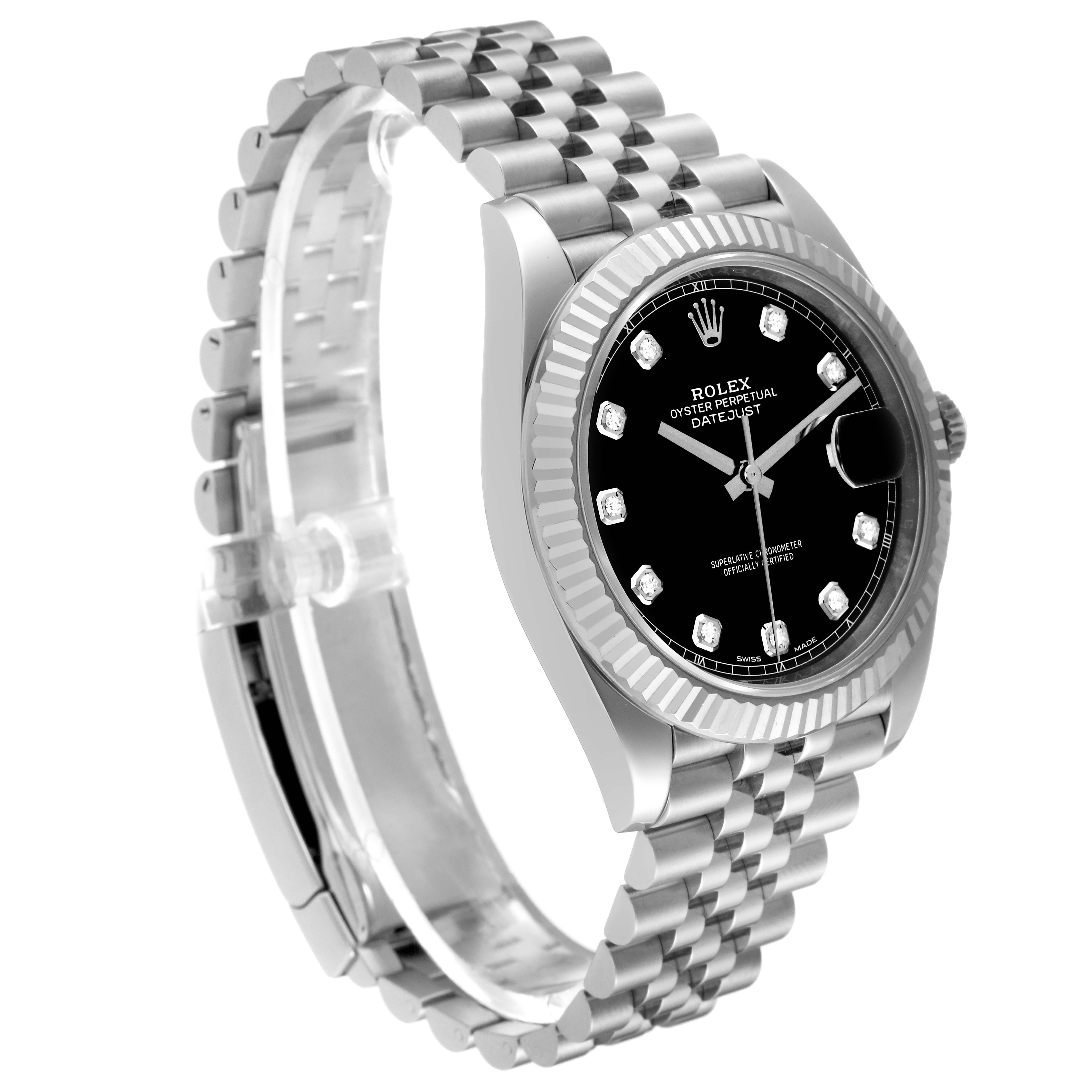 The image shows a Rolex Datejust 41 126334 Men
s Stainless Steel Black Dial 126334 Men
s Stainless Steel Black Dial model watch from an angled side view, displaying the face, bezel, and bracelet.