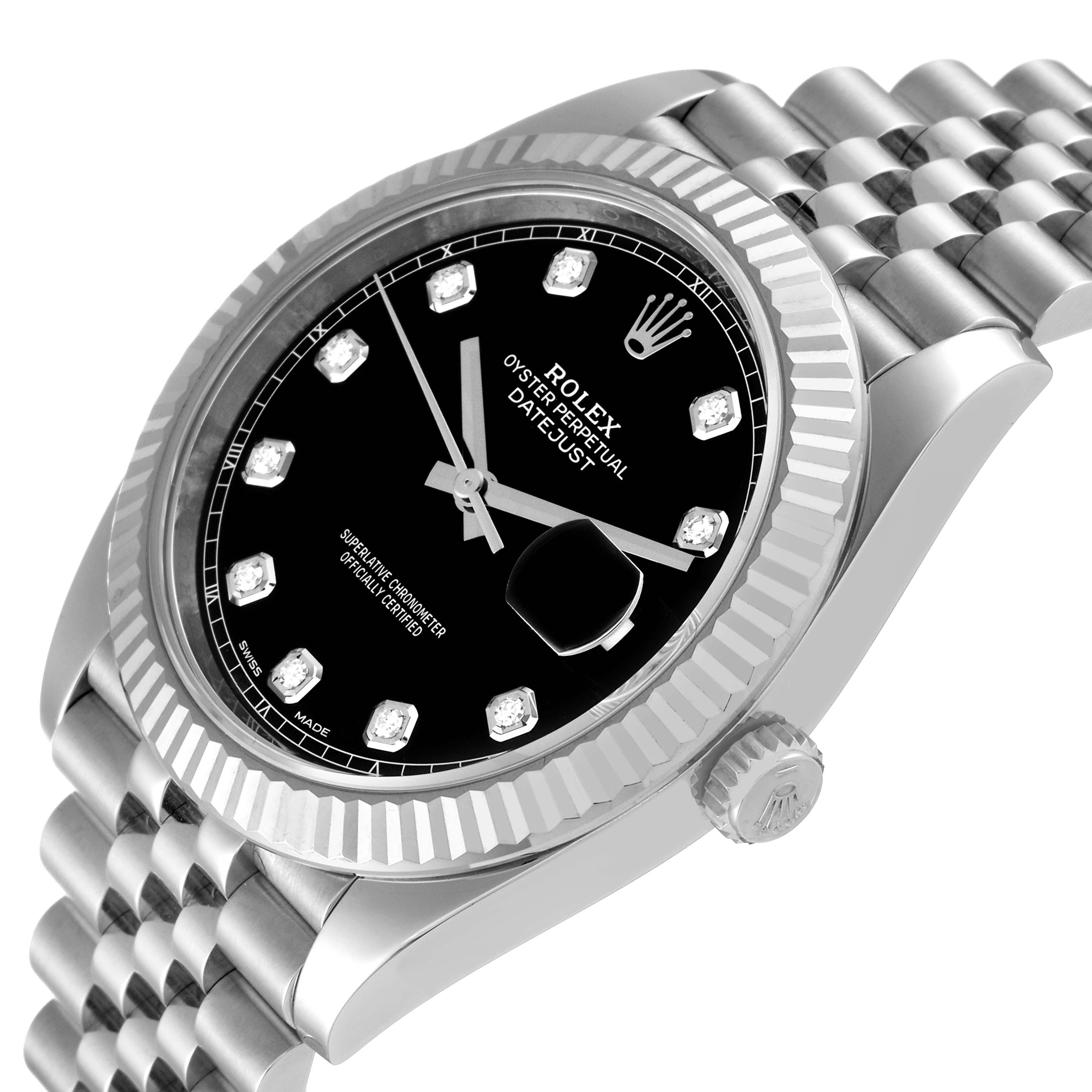 The image shows a Rolex Datejust 41 126334 Men
s Stainless Steel Black Dial 126334 Men
s Stainless Steel Black Dial model watch at a slight angle, displaying the dial, bezel, crown, and part of the bracelet.