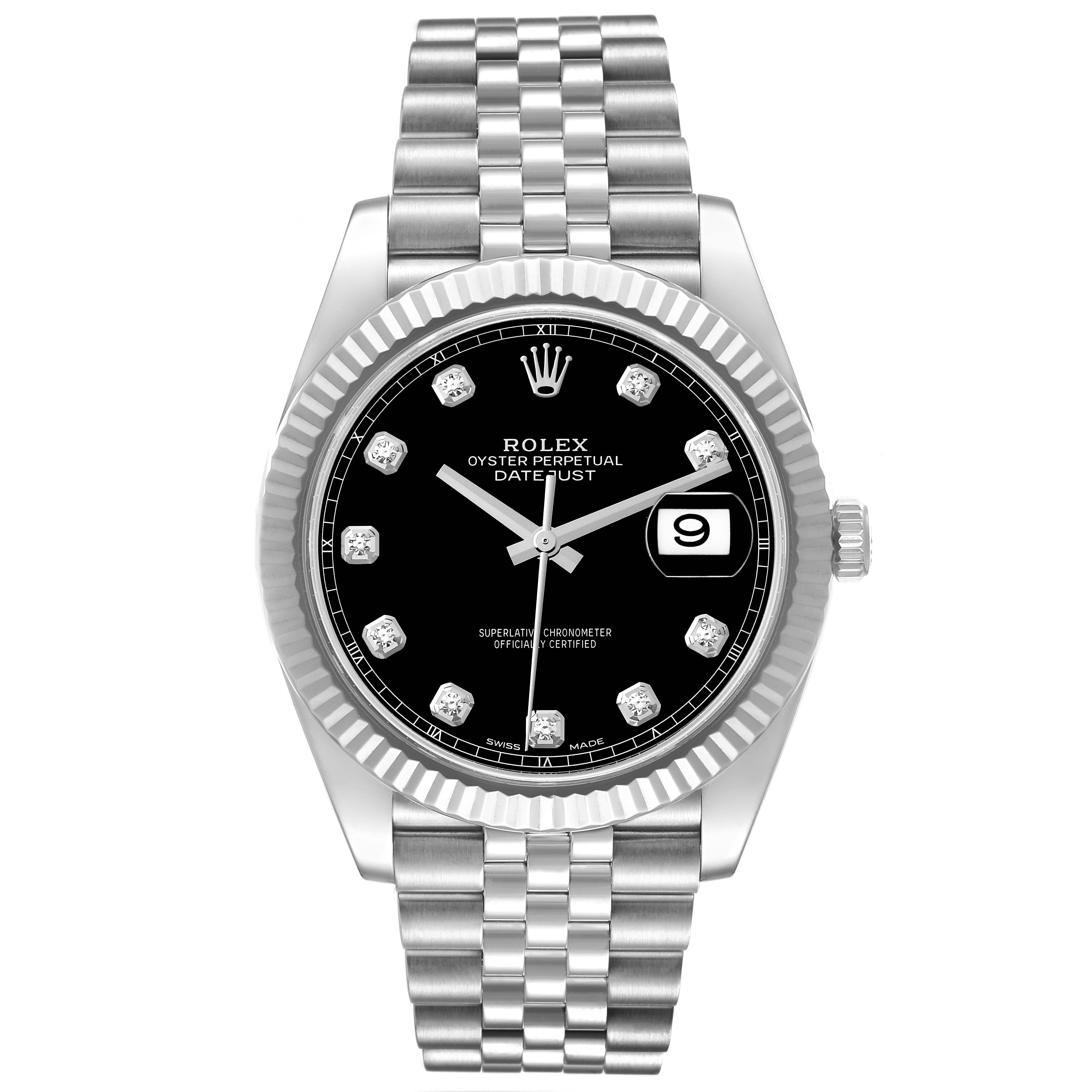 The image shows a front view of the Rolex Datejust 41 126334 Men
s Stainless Steel Black Dial 126334 Men
s Stainless Steel Black Dial watch with a black dial, diamond hour markers, fluted bezel, and Jubilee bracelet.
