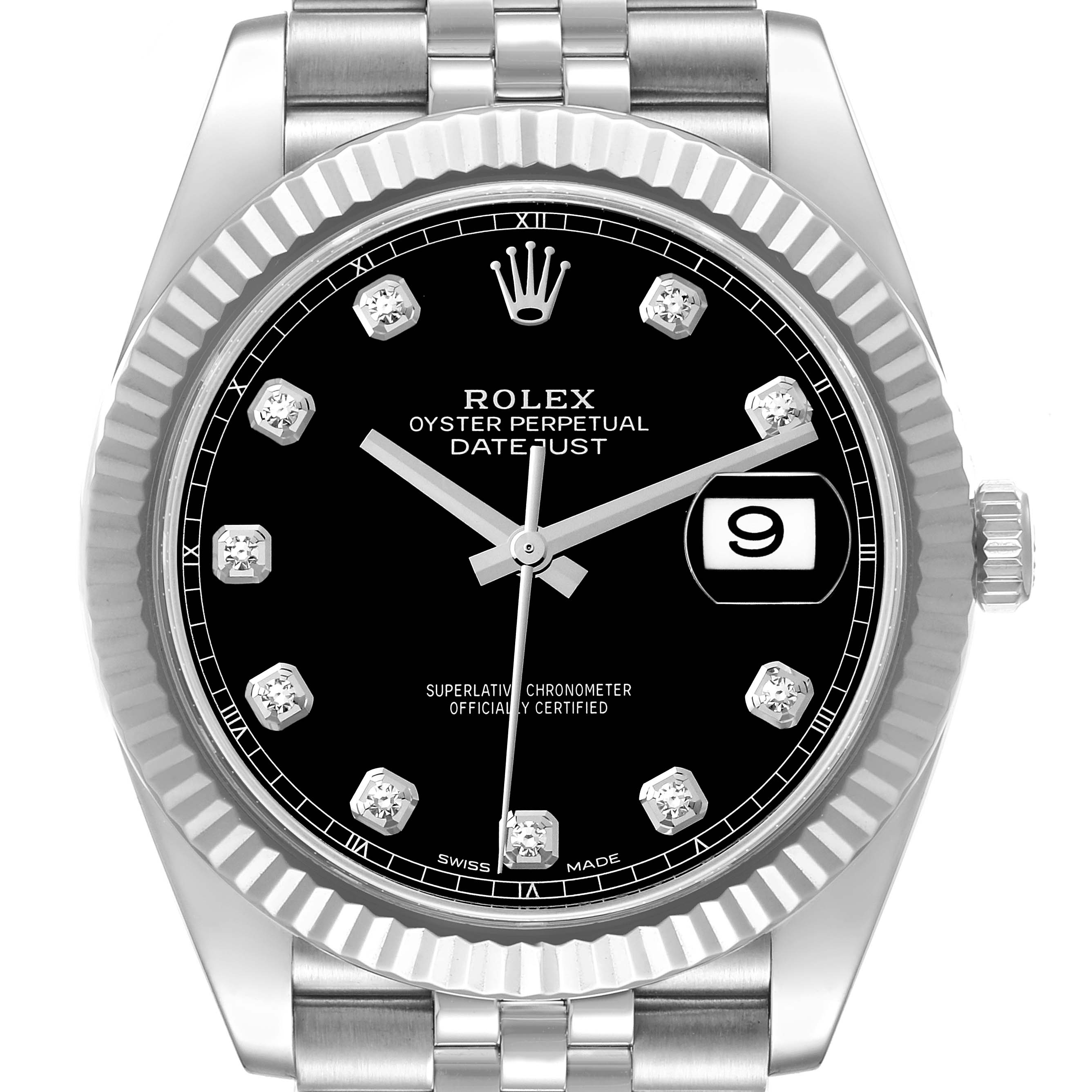 The image displays a front view of a Rolex Datejust 41 126334 Men
s Stainless Steel Black Dial 126334 Men
s Stainless Steel Black Dial watch, showing the face, bezel, crown, and part of the bracelet.