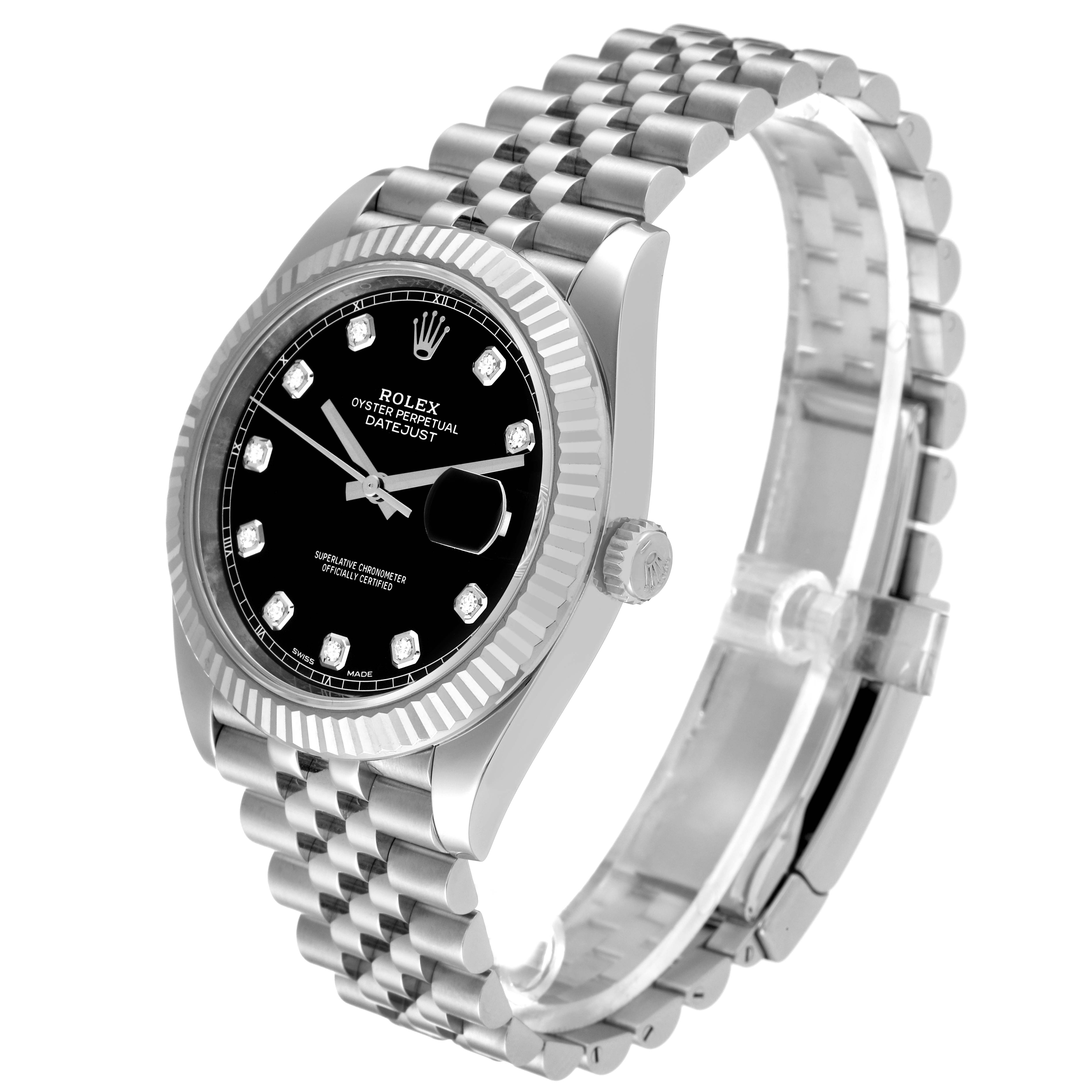 The Rolex Datejust 41 126334 Men
s Stainless Steel Black Dial 126334 Men
s Stainless Steel Black Dial watch is shown from a three-quarter angle, highlighting its face, bezel, and bracelet.