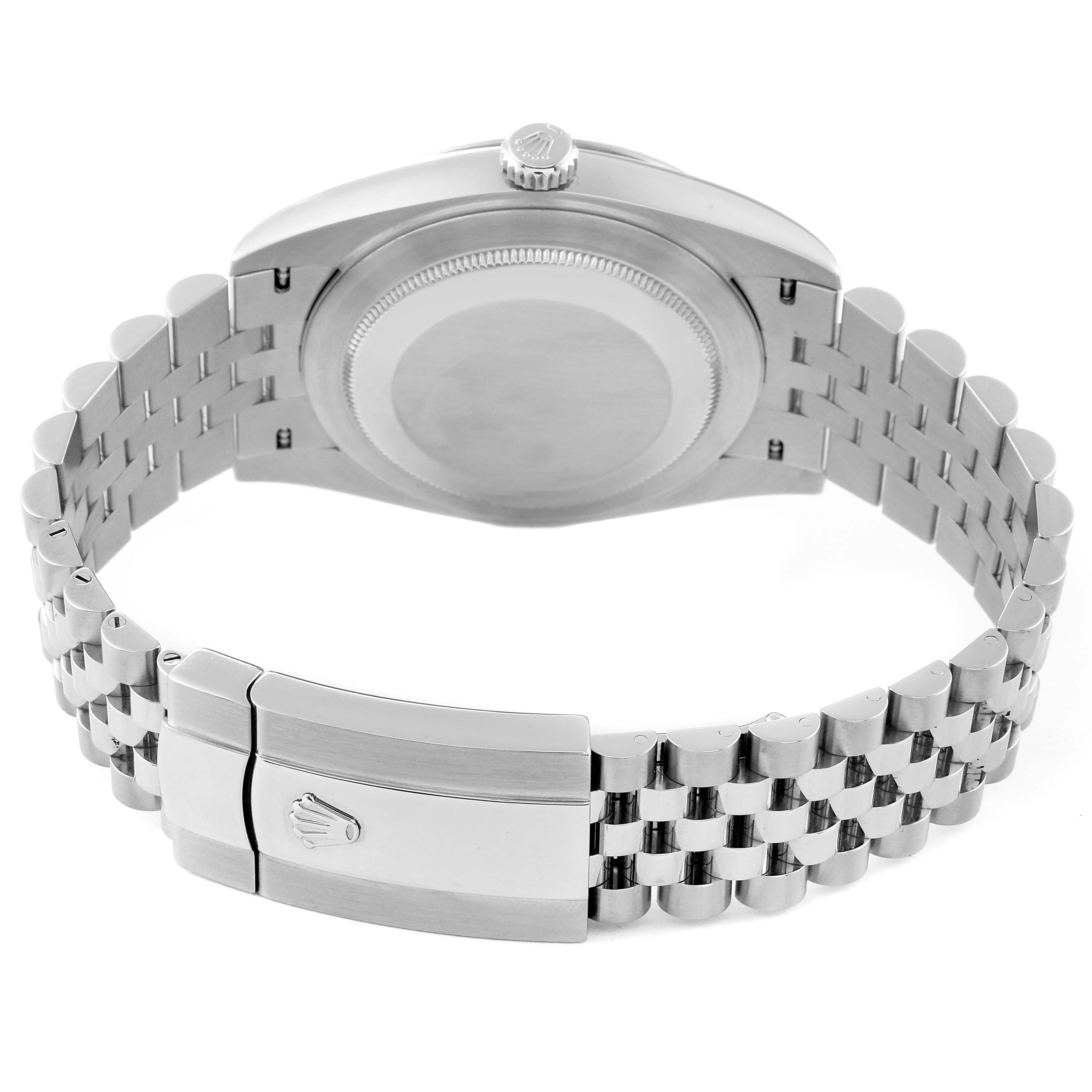 This image shows the back view of a Rolex Datejust 41 126334 Men
s Stainless Steel Black Dial 126334 Men
s Stainless Steel Black Dial, highlighting its case back, crown, and Jubilee bracelet with clasp.