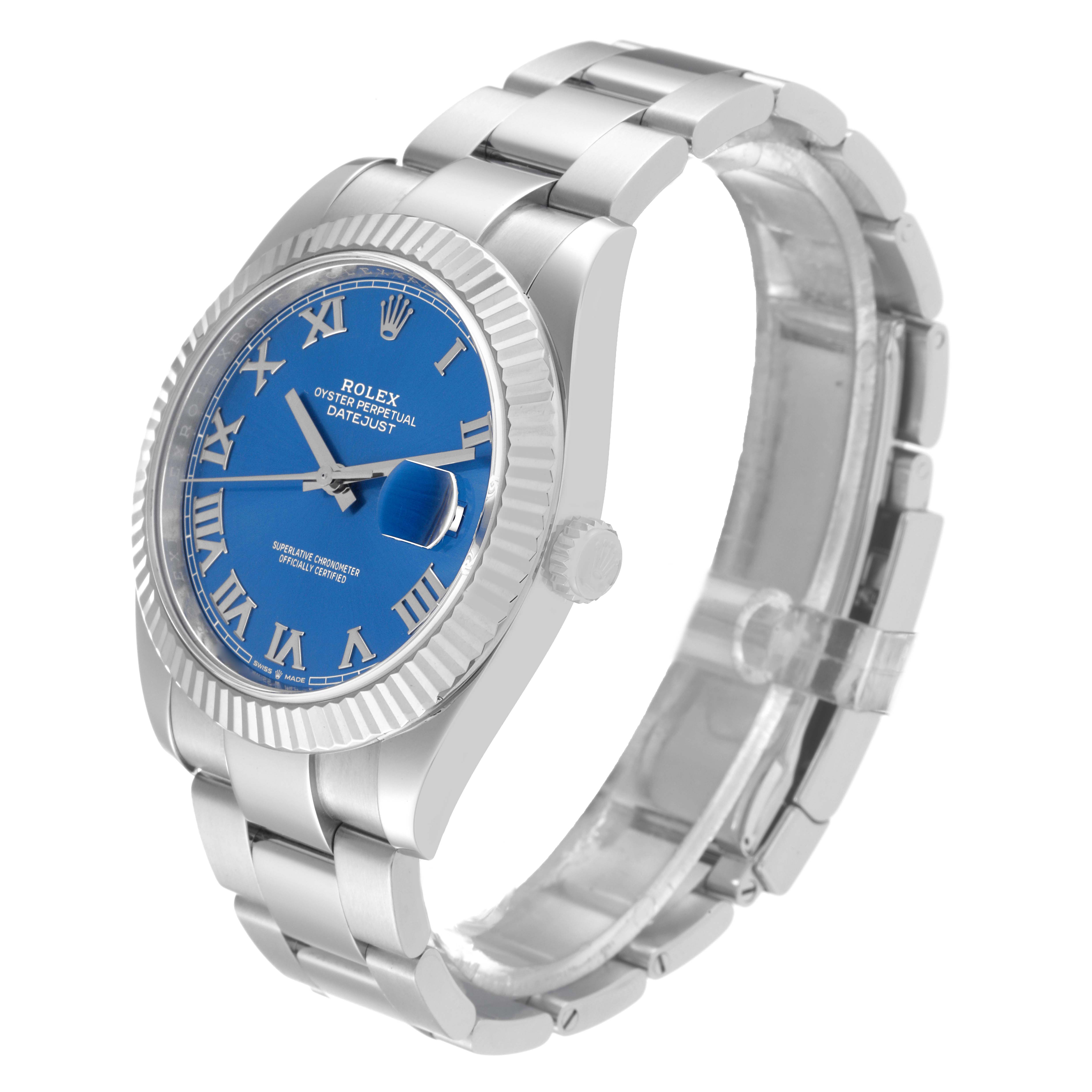 The image shows a Rolex Datejust 41 126334 Men's Stainless Steel Blue Dial 126334 Men's Stainless Steel Blue Dial watch at a slight angle, highlighting its blue dial, bezel, and bracelet.