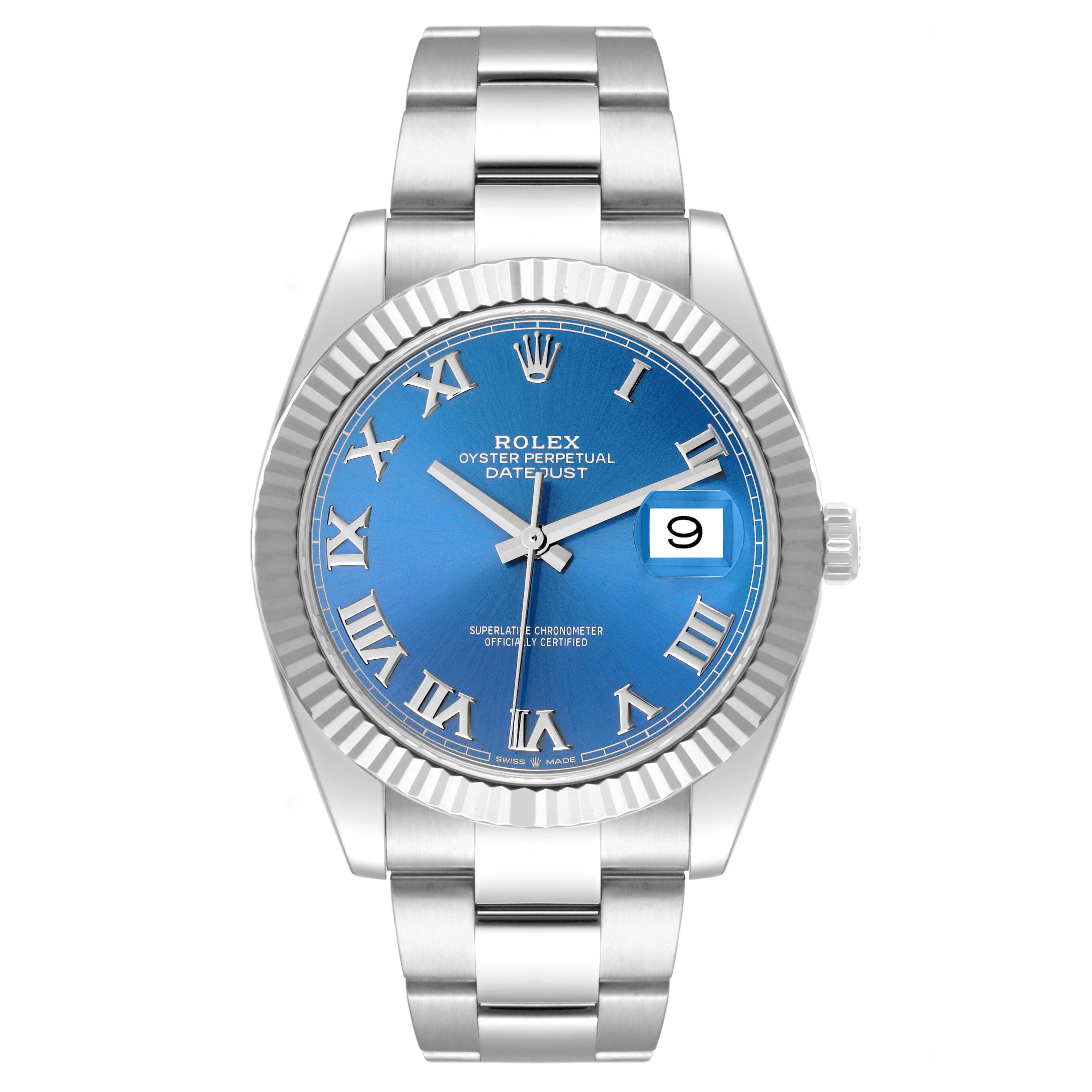 This image shows a Rolex Datejust 41 126334 Men's Stainless Steel Blue Dial 126334 Men's Stainless Steel Blue Dial watch from a frontal angle, highlighting its face, bezel, crown, and bracelet.