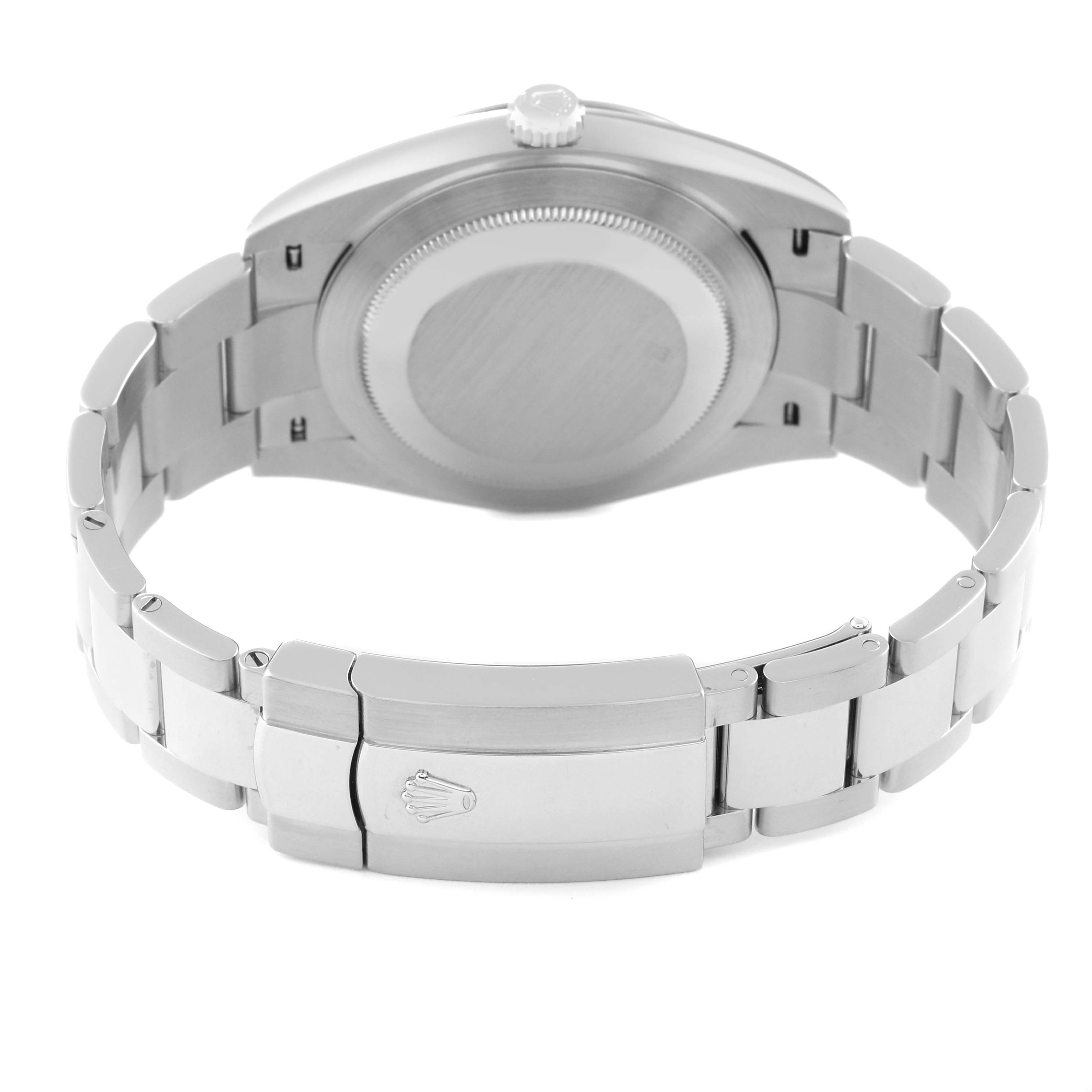 This view of the Rolex Datejust 41 126334 Men's Stainless Steel Blue Dial 126334 Men's Stainless Steel Blue Dial watch shows the case back and bracelet from a rear angle.