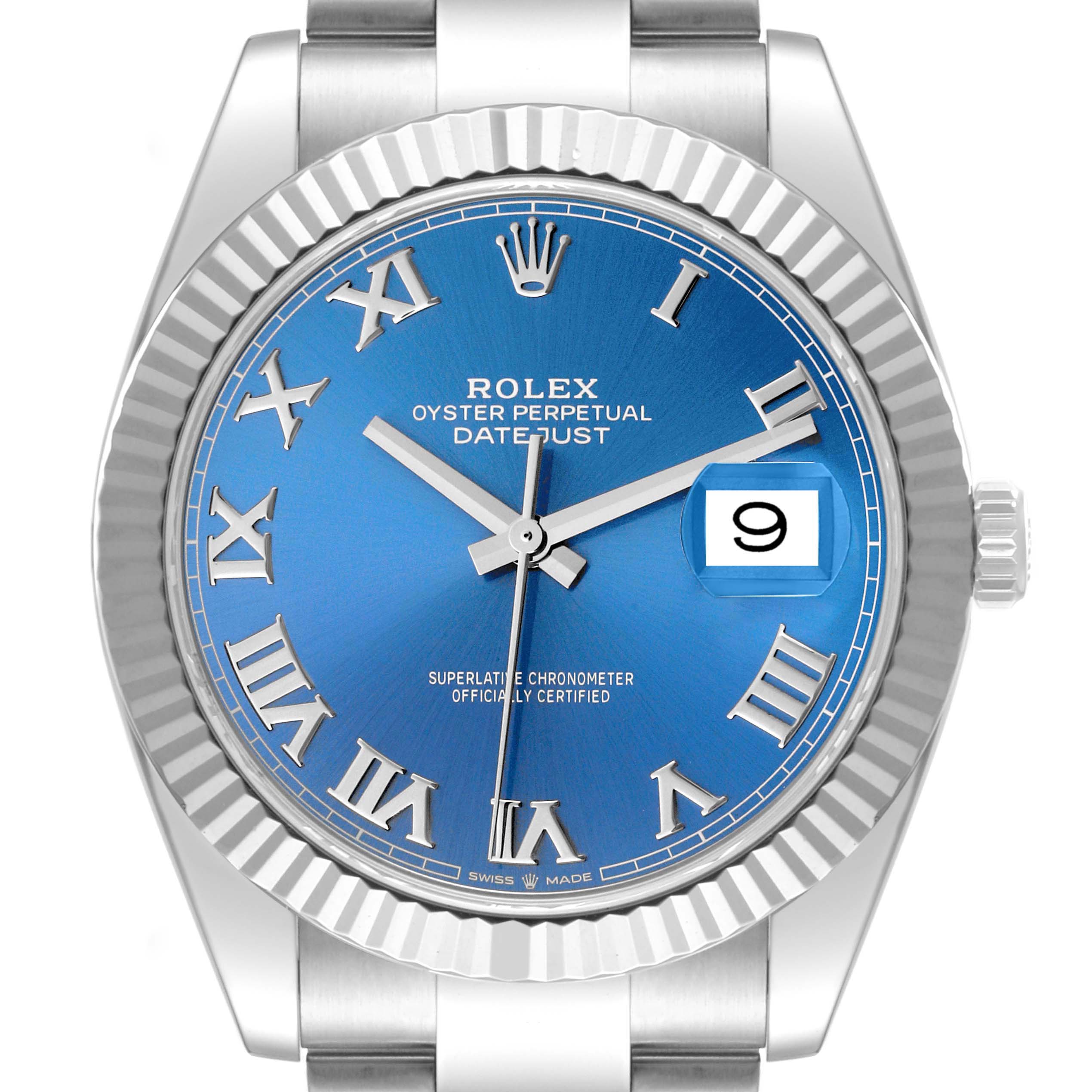 This image shows a front view of the Rolex Datejust 41 126334 Men's Stainless Steel Blue Dial 126334 Men's Stainless Steel Blue Dial watch with a blue dial, Roman numerals, and a fluted bezel.
