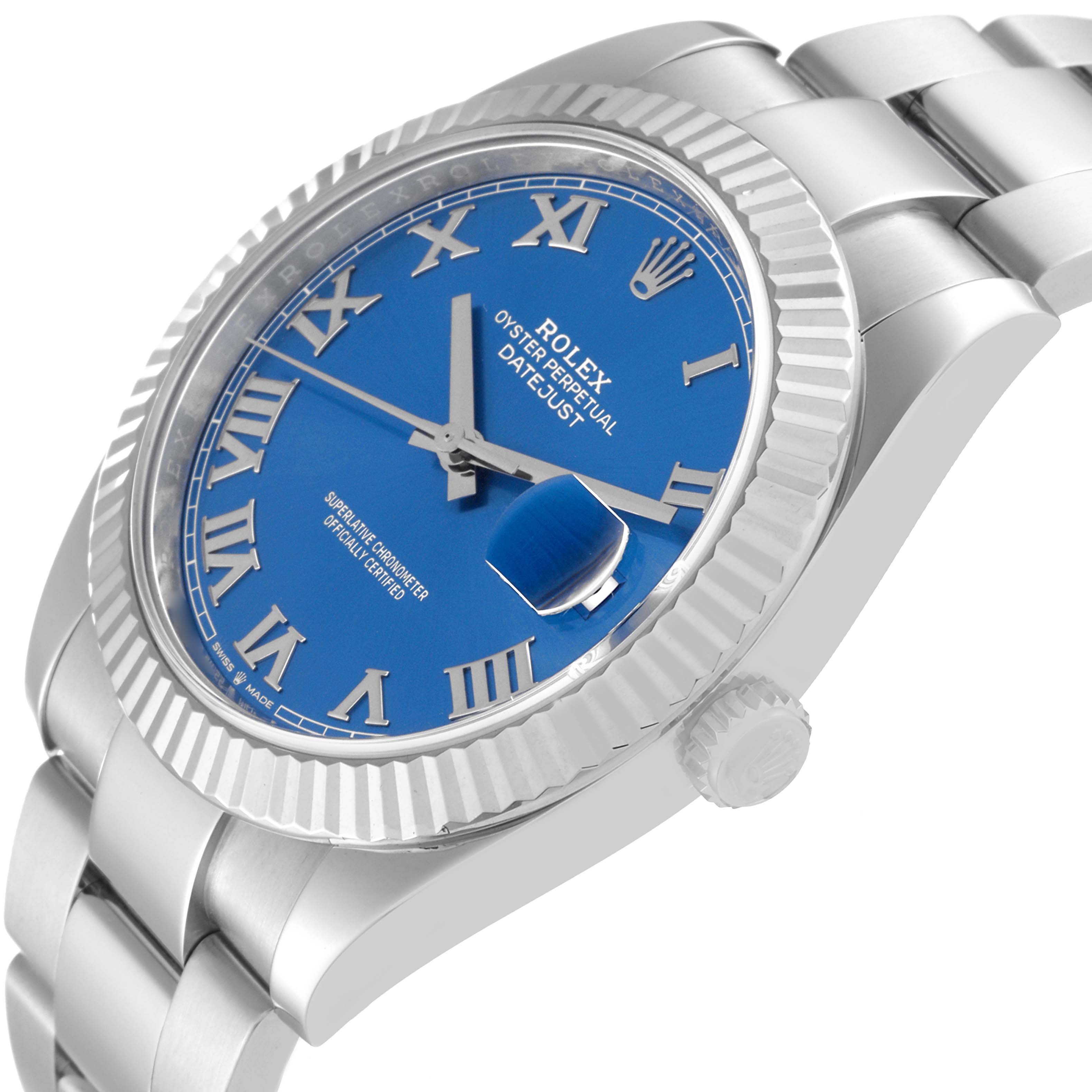 The Rolex Datejust 41 126334 Men's Stainless Steel Blue Dial 126334 Men's Stainless Steel Blue Dial watch is shown from a slightly angled side view, showcasing its blue dial, crown, and part of the bracelet.