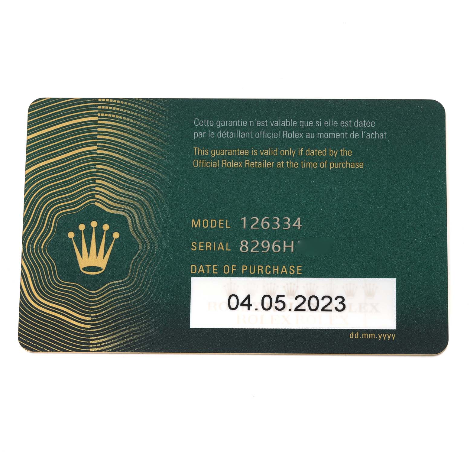 The image shows the guarantee card for the Rolex Datejust 41 126334 Men
s Stainless Steel Blue Dial 126334 Men
s Stainless Steel Blue Dial, Model 126334, displaying the serial number and date of purchase.