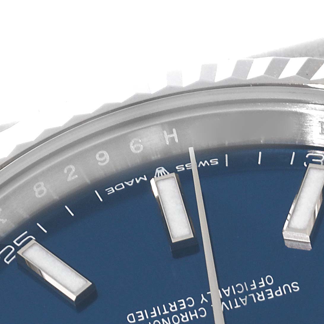 The image shows a close-up angle of the dial and bezel of the Rolex Datejust 41 126334 Men
s Stainless Steel Blue Dial 126334 Men
s Stainless Steel Blue Dial watch.