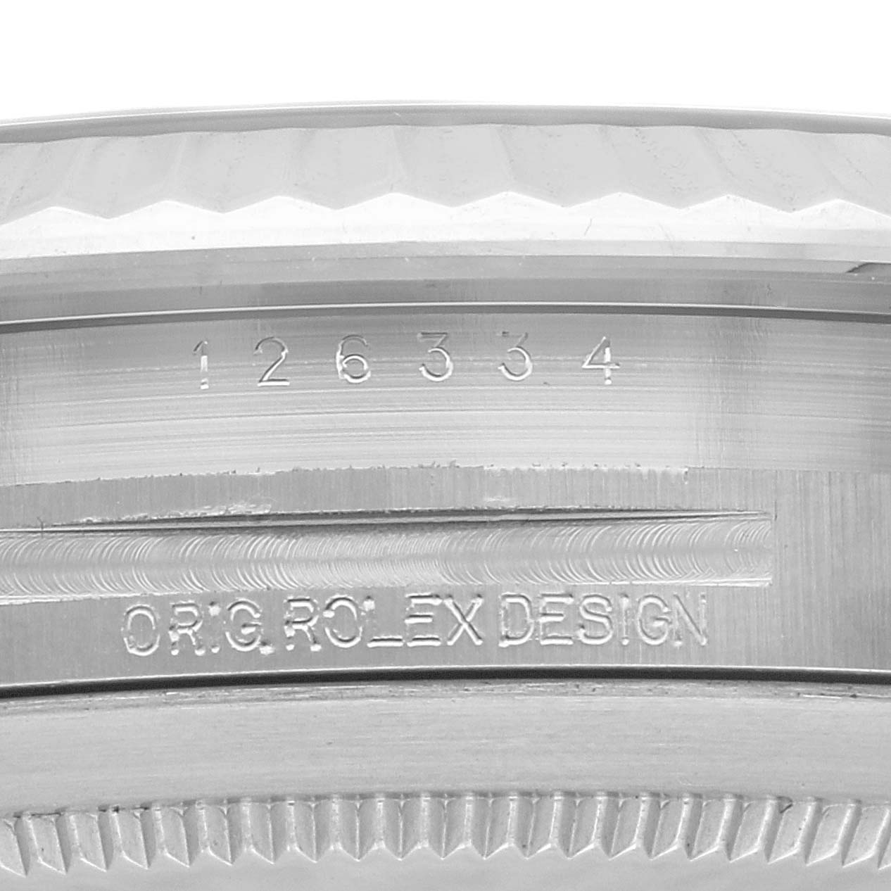 This image shows a close-up angle of the case alongside the serial and model numbers of the Rolex Datejust 41 126334 Men
s Stainless Steel Blue Dial 126334 Men
s Stainless Steel Blue Dial watch.