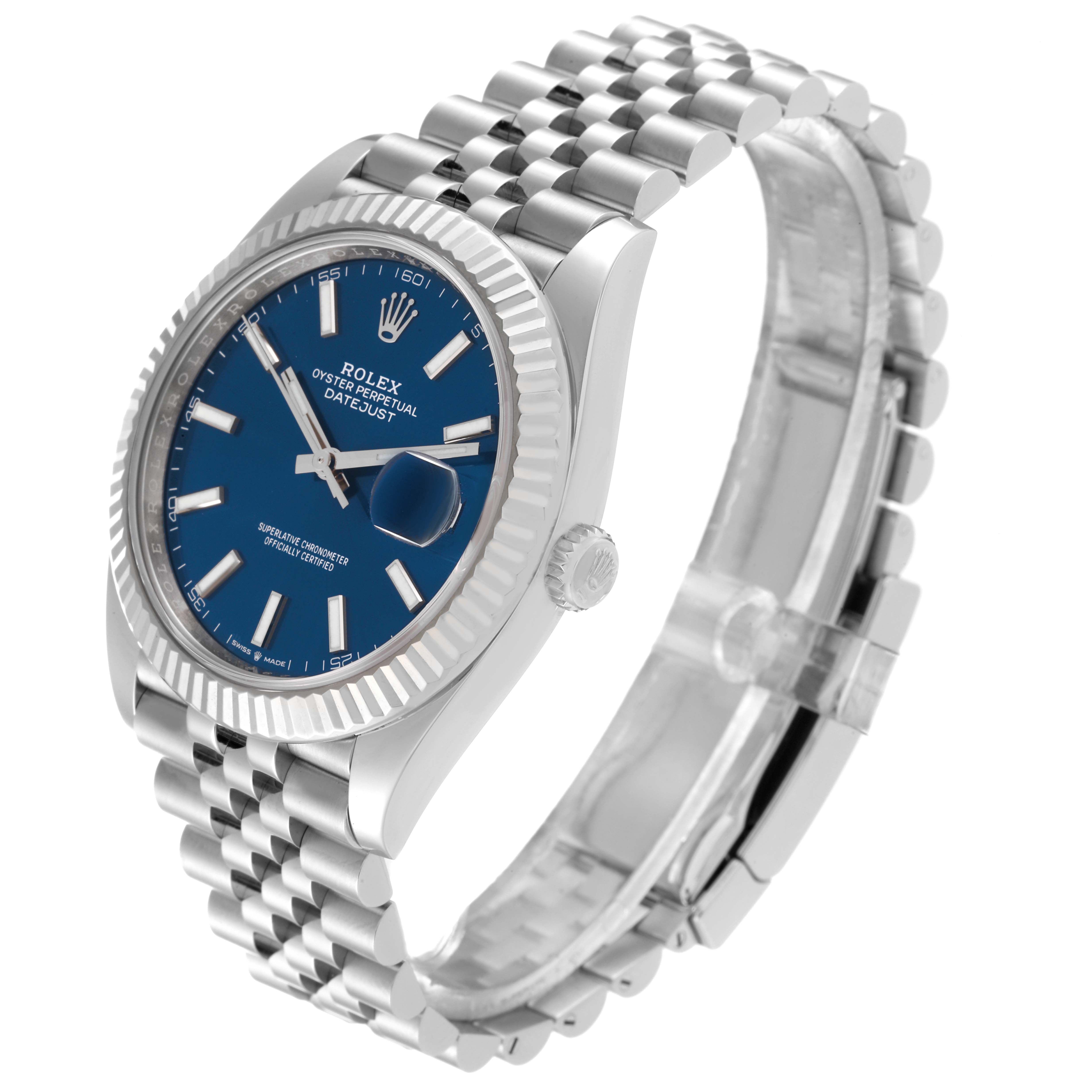 The image shows a side angle of the Rolex Datejust 41 126334 Men
s Stainless Steel Blue Dial 126334 Men
s Stainless Steel Blue Dial watch, highlighting the blue dial, fluted bezel, and Jubilee bracelet.