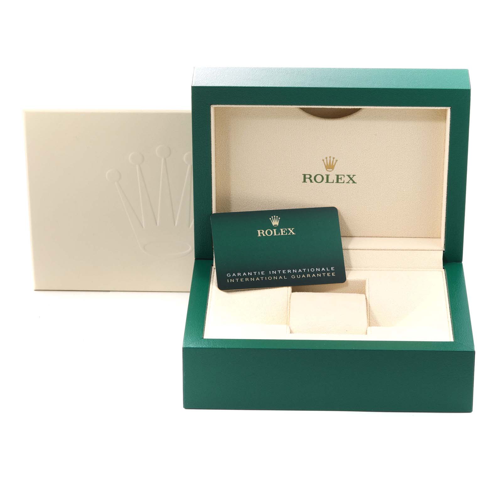 This image shows the open box and international guarantee card for a Rolex Datejust 41 126334 Men
s Stainless Steel Blue Dial 126334 Men
s Stainless Steel Blue Dial watch.