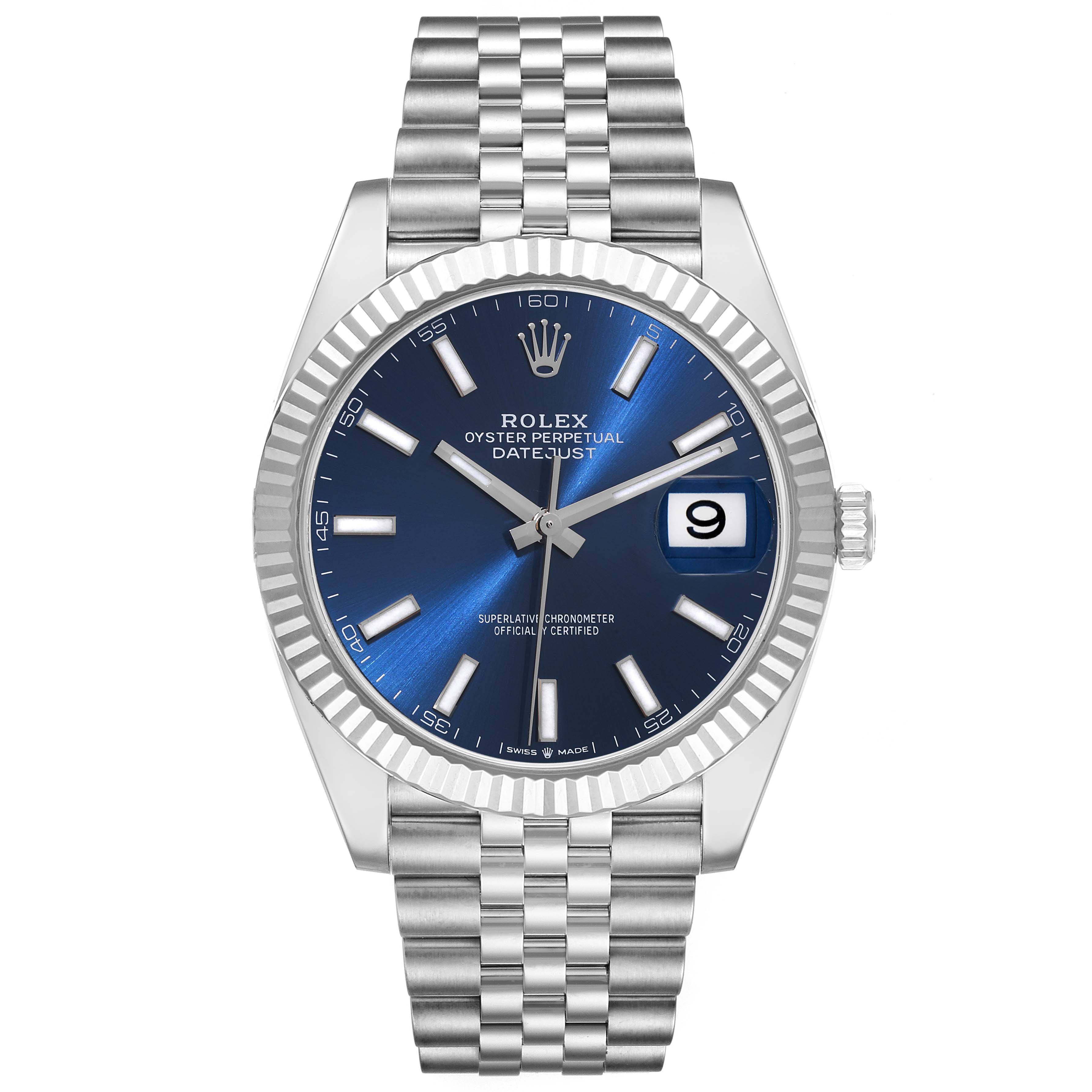This image shows a Rolex Datejust 41 126334 Men
s Stainless Steel Blue Dial 126334 Men
s Stainless Steel Blue Dial watch from a front angle, highlighting the blue dial, fluted bezel, date window, and jubilee bracelet.