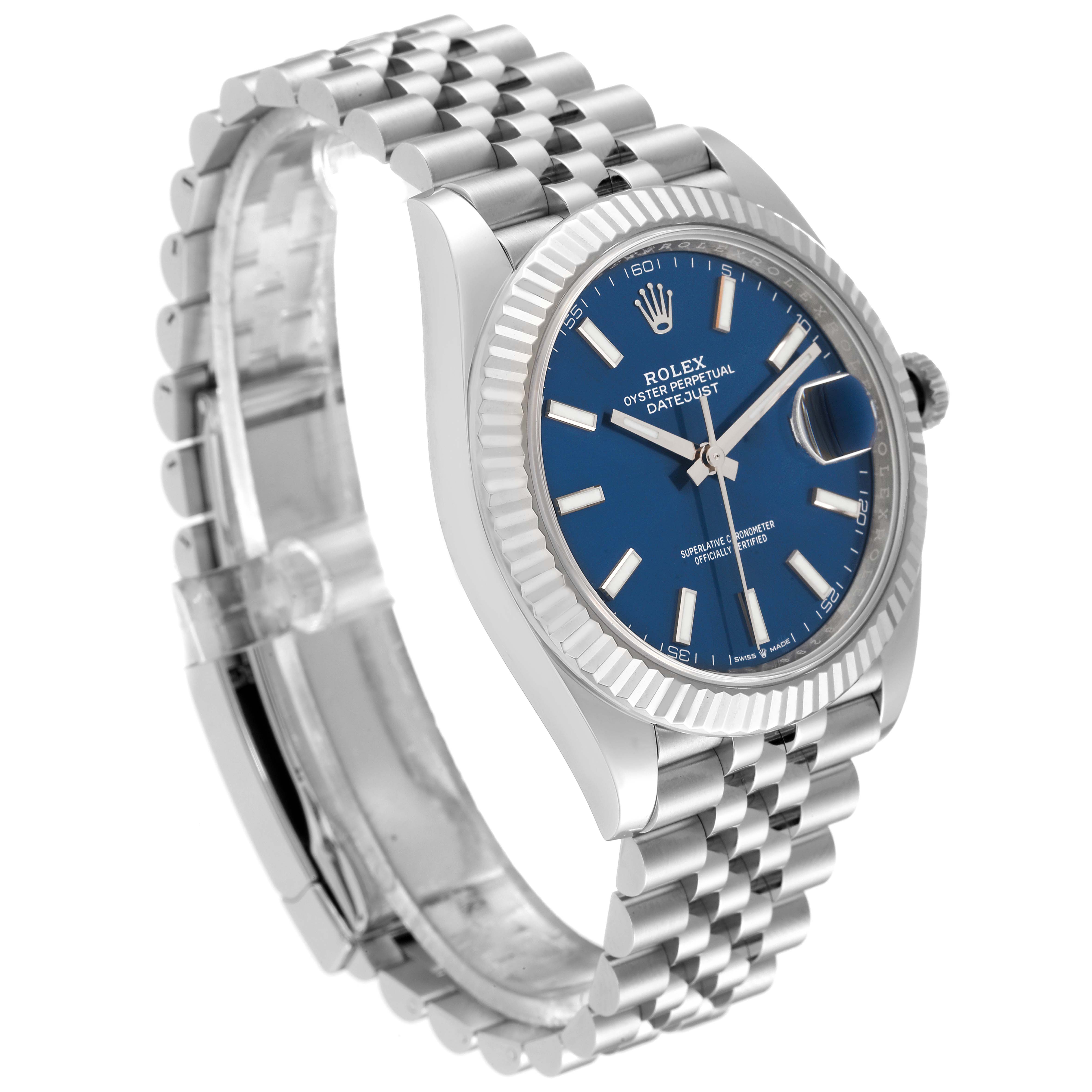 The image shows a Rolex Datejust 41 126334 Men
s Stainless Steel Blue Dial 126334 Men
s Stainless Steel Blue Dial watch from an angled side view, highlighting the bracelet, dial, bezel, and crown.