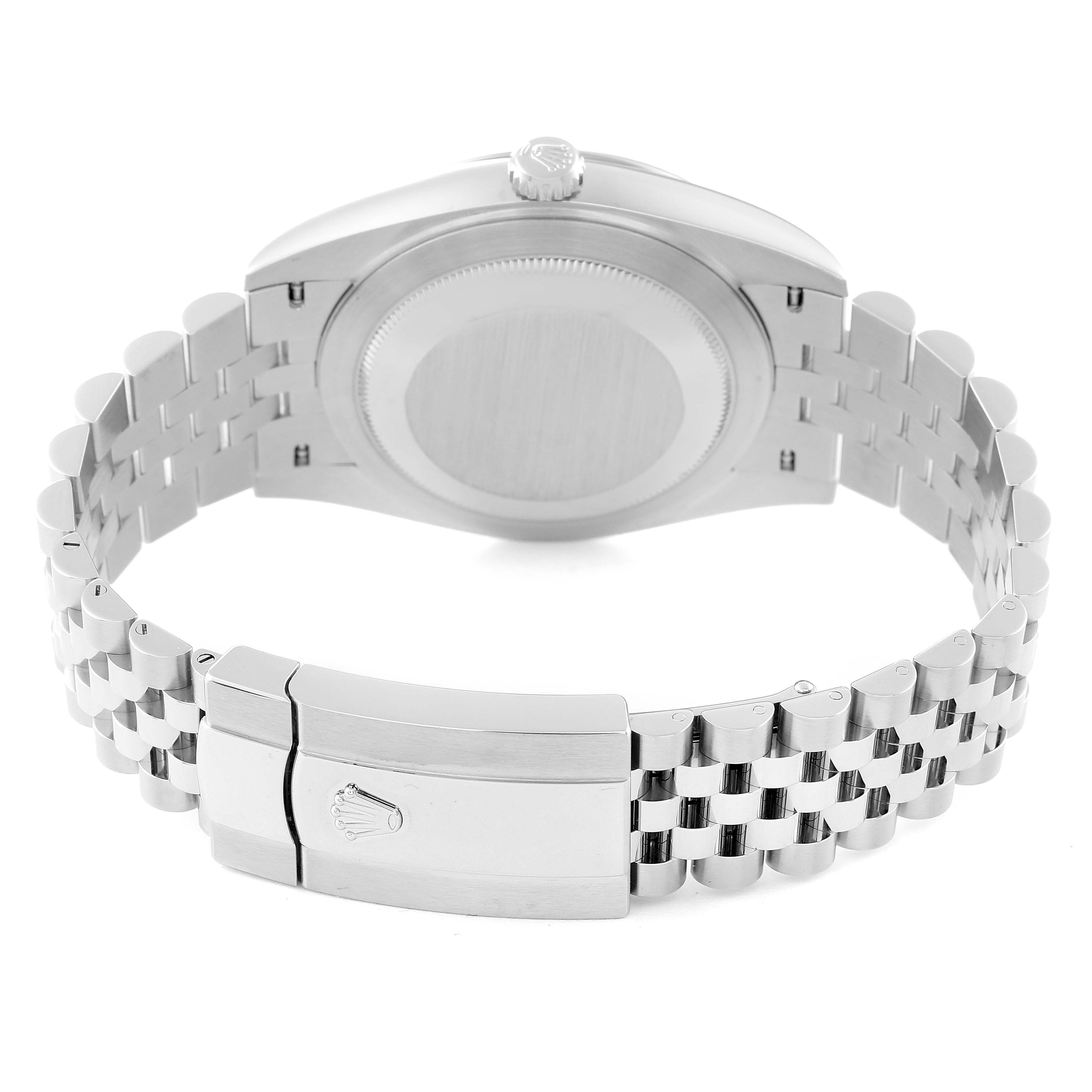 The image shows the back view of a Rolex Datejust 41 126334 Men
s Stainless Steel Blue Dial 126334 Men
s Stainless Steel Blue Dial watch, focusing on the caseback, bracelet, and clasp.